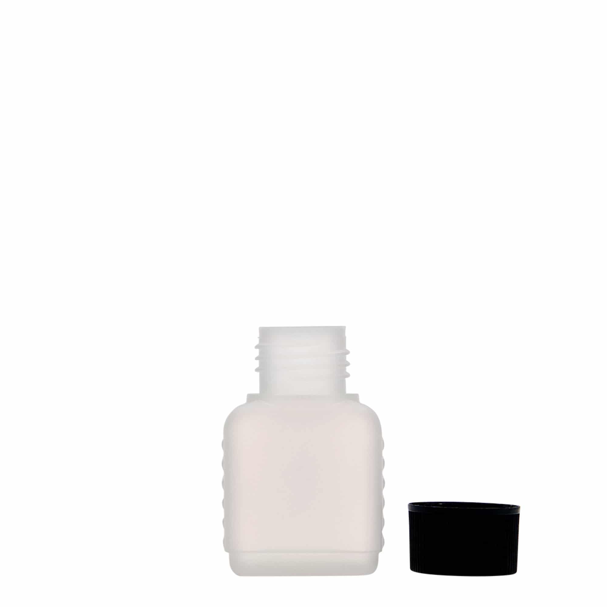 50 ml kanisterkowa butelka, prostokątna, tworzywo HDPE, naturalne, gwint: DIN 25