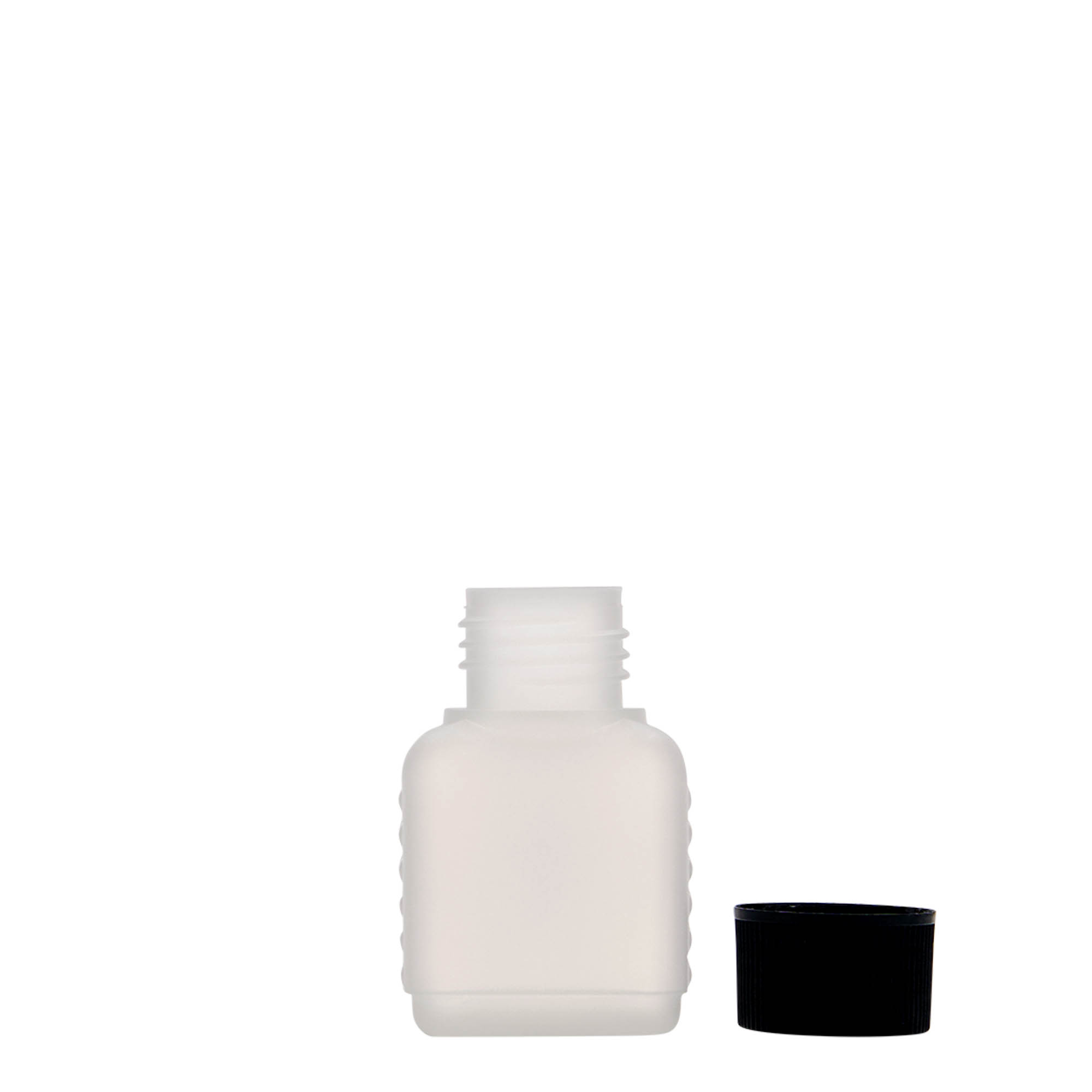 50 ml kanisterkowa butelka, prostokątna, tworzywo HDPE, naturalne, gwint: DIN 25 50 ml kanisterkowa butelka, prostokątna, tworzywo HDPE, naturalne, gwint: DIN 25