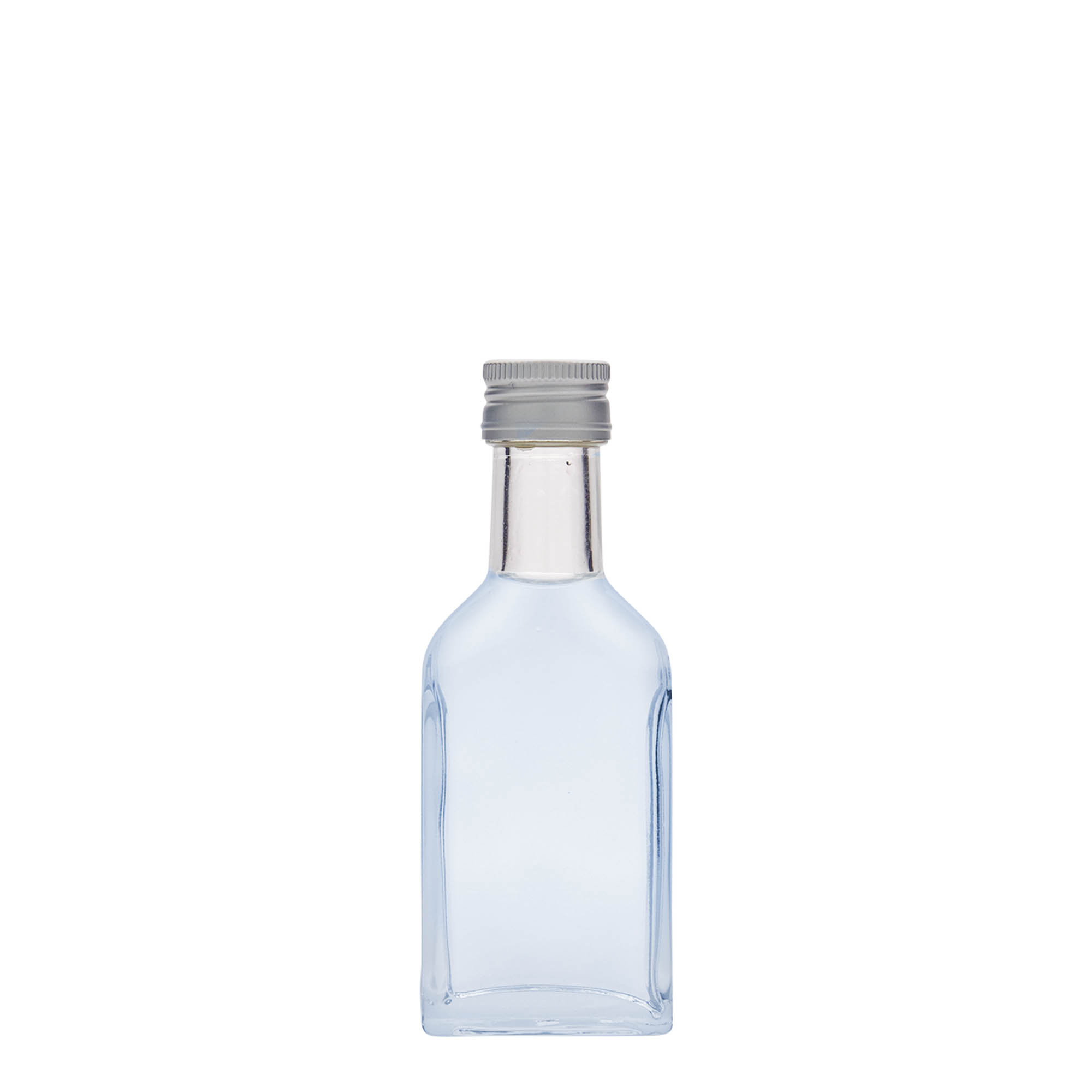 40 ml butelka kieszonkowa z długą szyjką, prostokątna, szkło, wlew: PP 22 40 ml butelka kieszonkowa z długą szyjką, prostokątna, szkło, wlew: PP 22