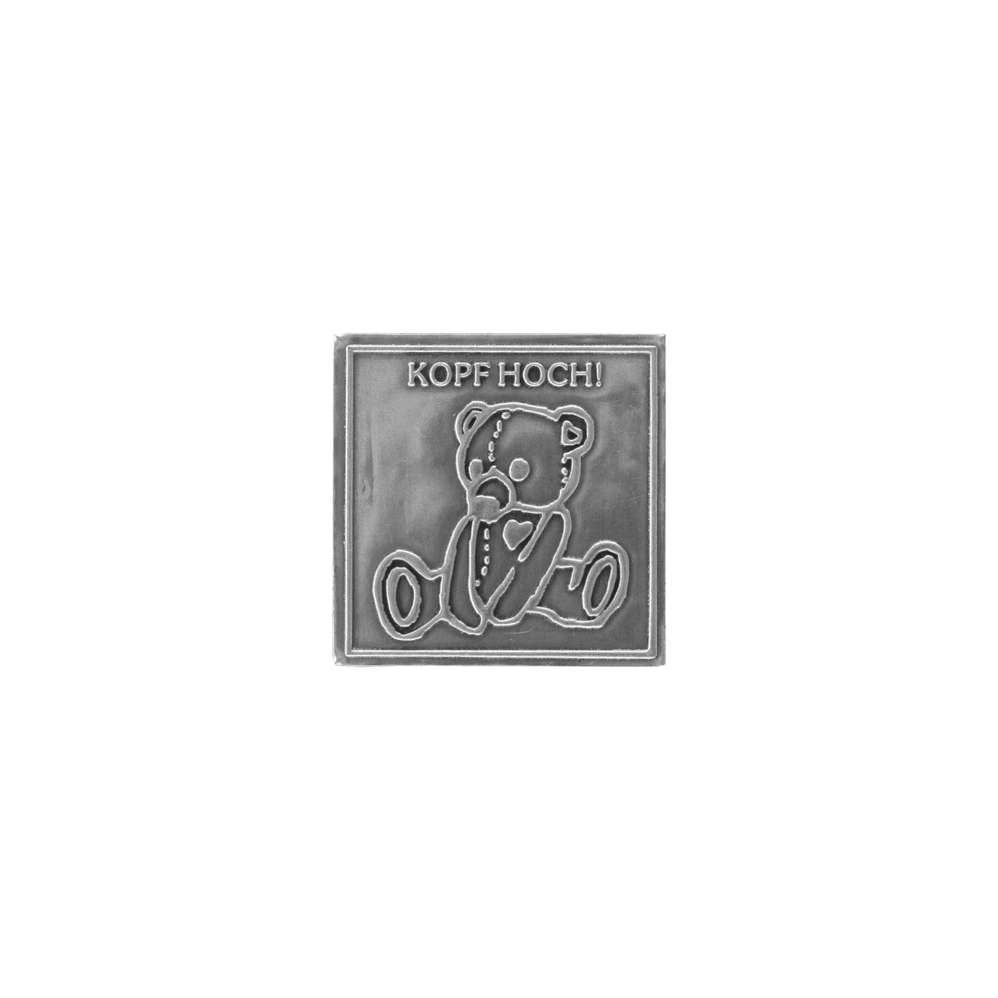 Etykieta cynowa „Głowa do góry”, kwadratowa, metalowa, srebrna