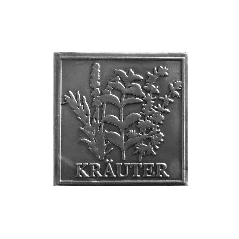 Etykieta cynowa 'Zioła', kwadratowa, metal, kolor srebrny