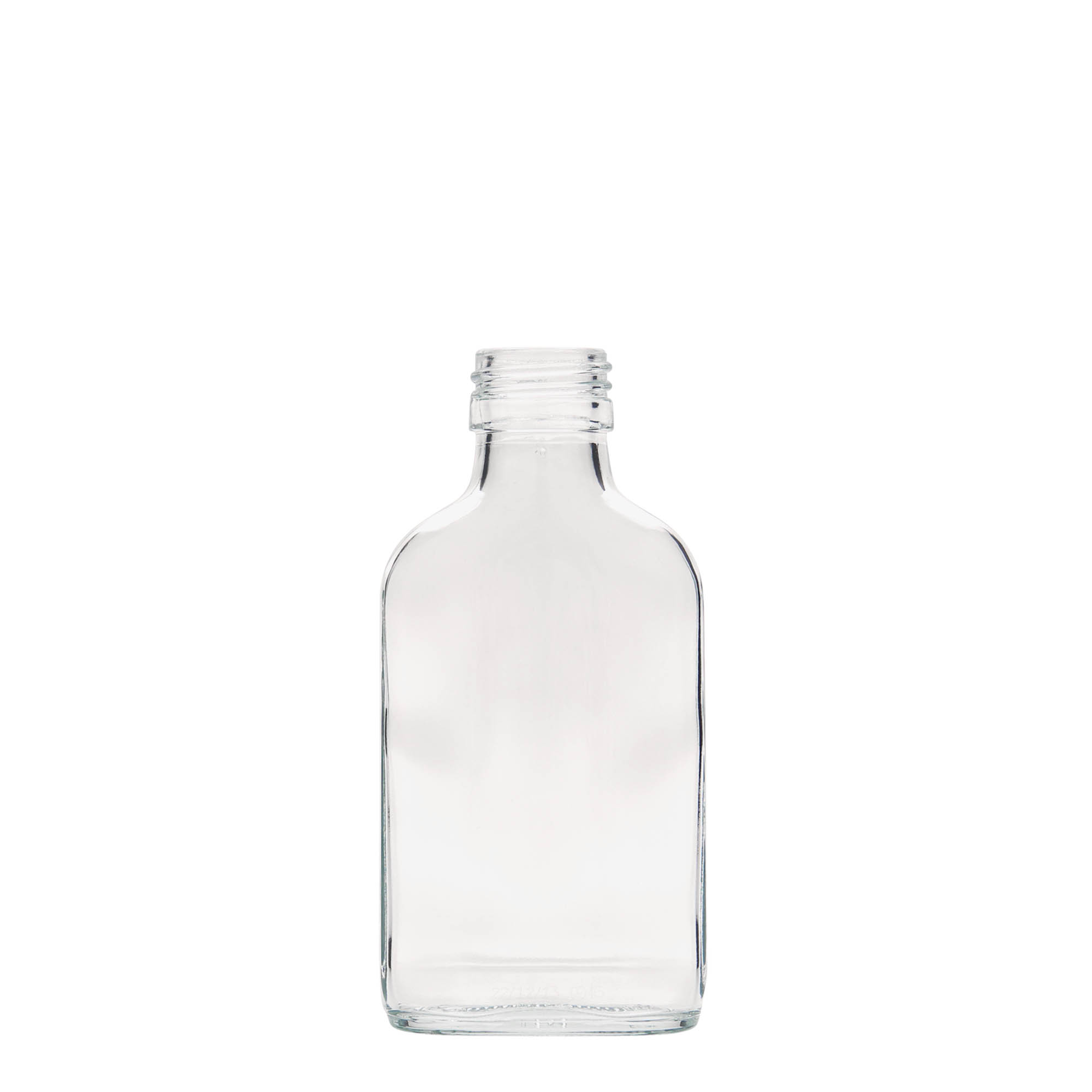 100 ml butelka kieszonkowa, prostokątna, szkło, gwint: PP 28 100 ml butelka kieszonkowa, prostokątna, szkło, gwint: PP 28