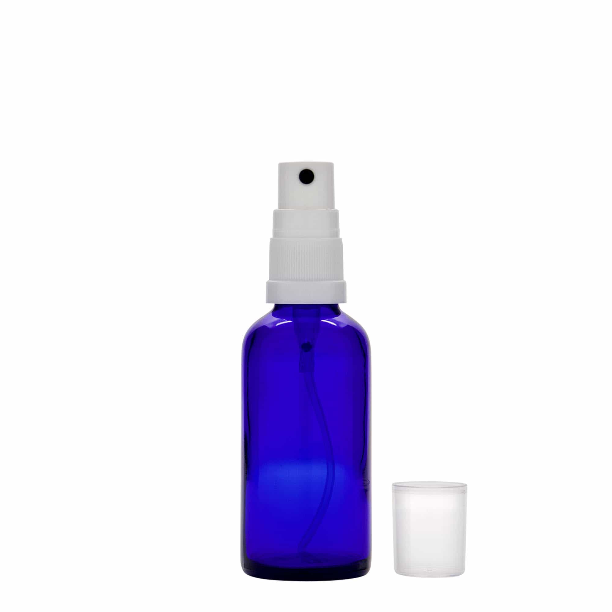 50 ml butelka z rozpylaczem, medyczna, szkło, królewski błękit, gwint: DIN 18