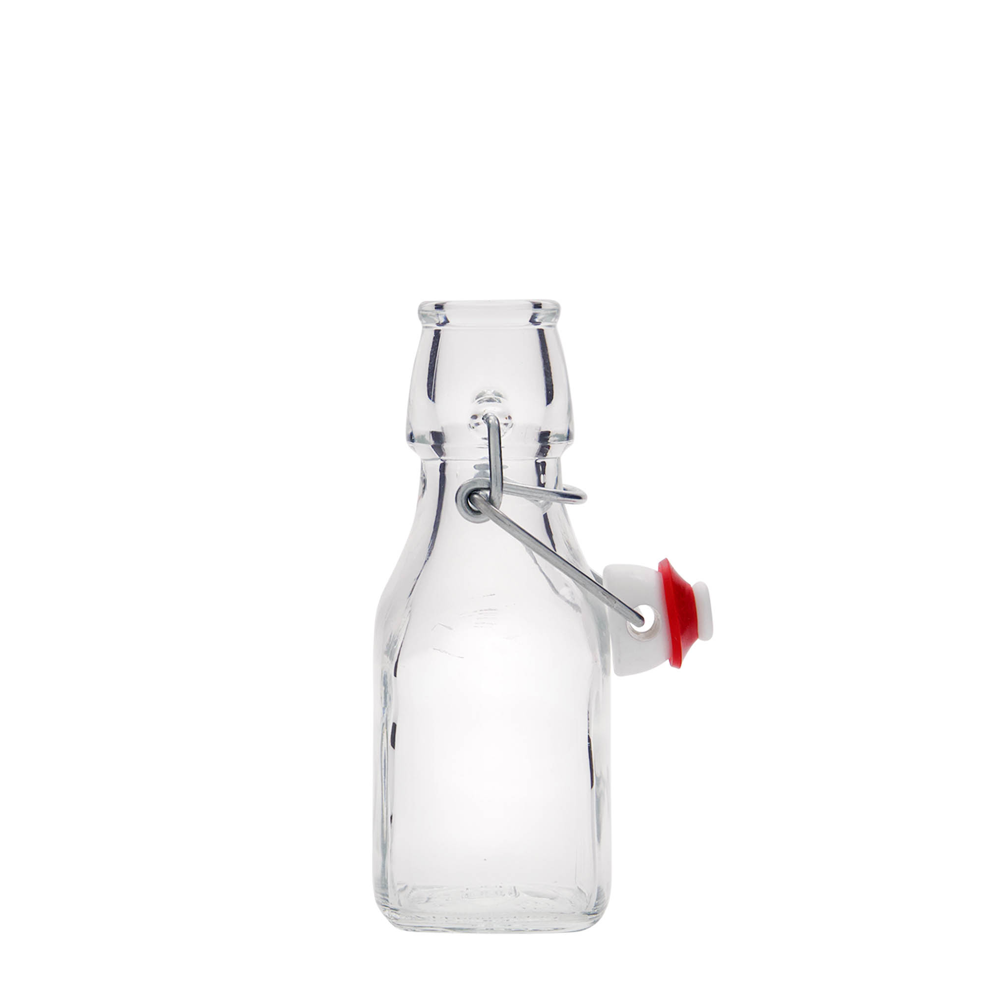 125 ml butelka szklana „Swing”, kwadratowa, szyjka: zamknięcie na druciany zatrzask