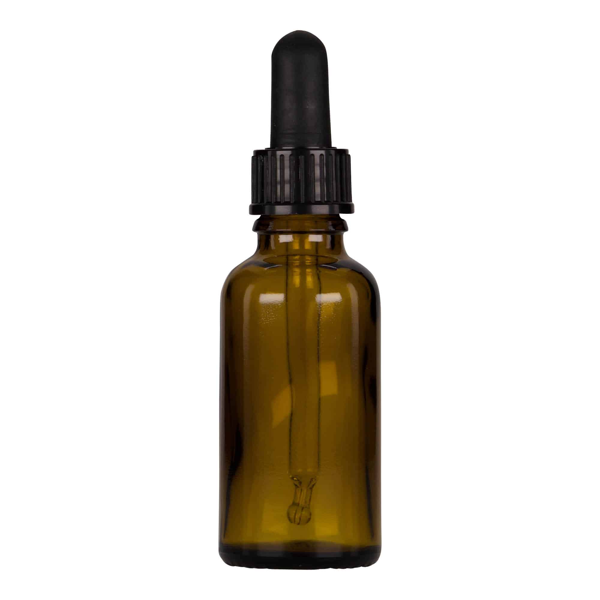 30 ml butelka farmaceutyczna z pipetą, szkło, kolor brązowo-czarny, zamknięcie: DIN 18 30 ml butelka farmaceutyczna z pipetą, szkło, kolor brązowo-czarny, zamknięcie: DIN 18