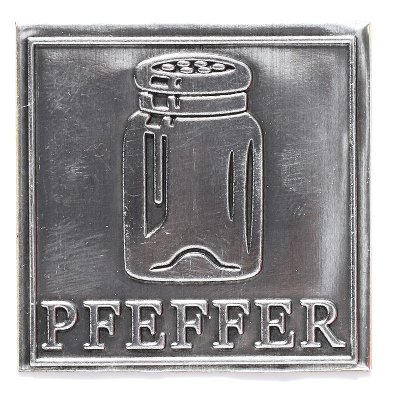 Etykieta cynowa 'Pieprz', kwadratowa, metal, kolor srebrny