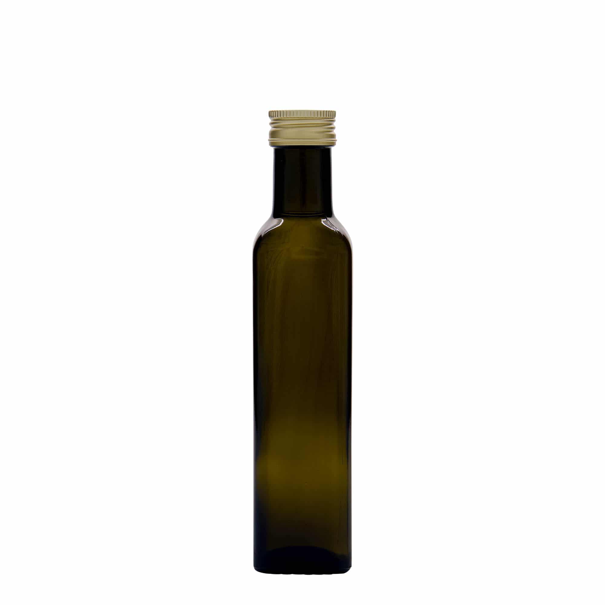 250 ml szklana butelka 'Marasca', kwadratowa, antyczna zieleń, szyjka: PP 31,5