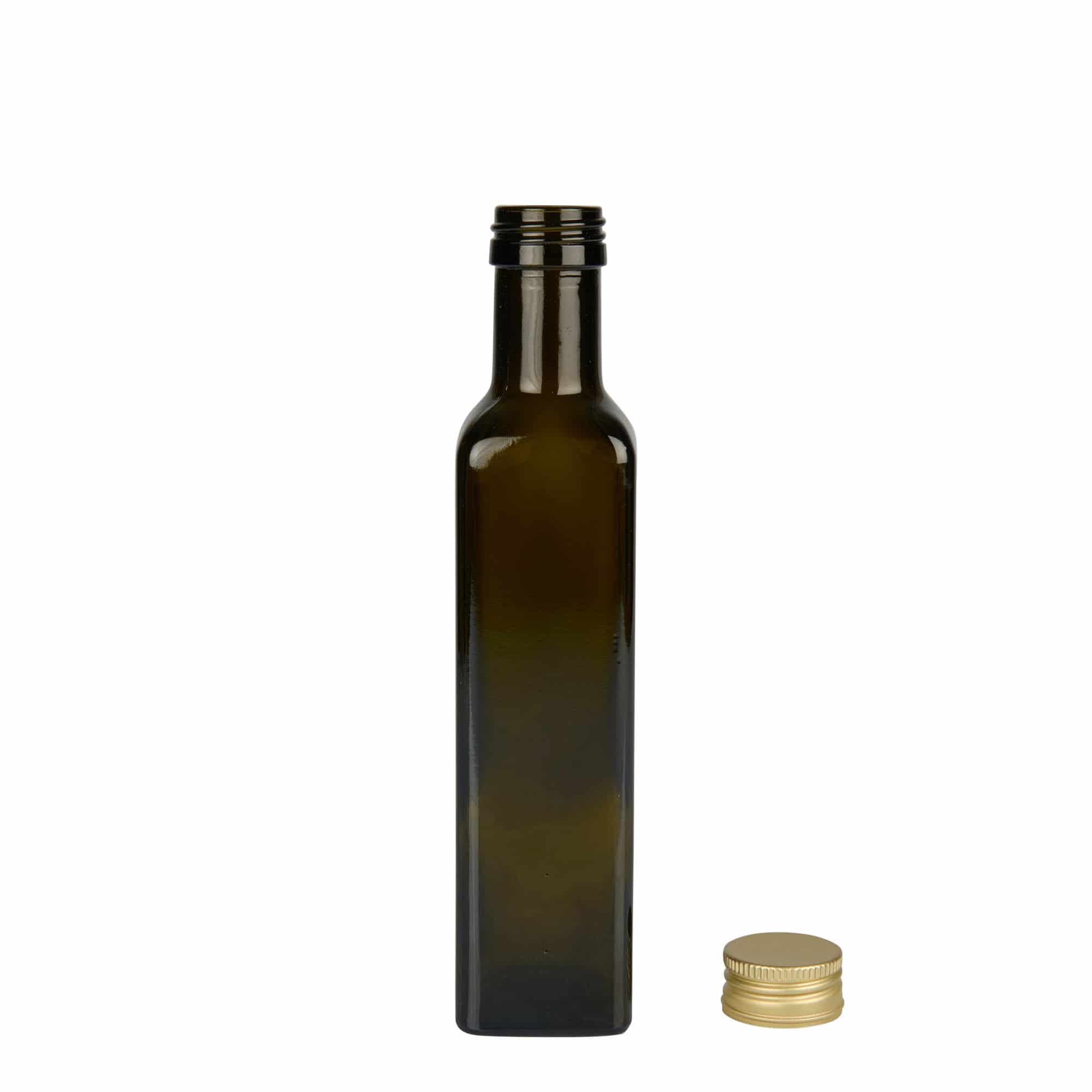 250 ml szklana butelka 'Marasca', kwadratowa, antyczna zieleń, szyjka: PP 31,5