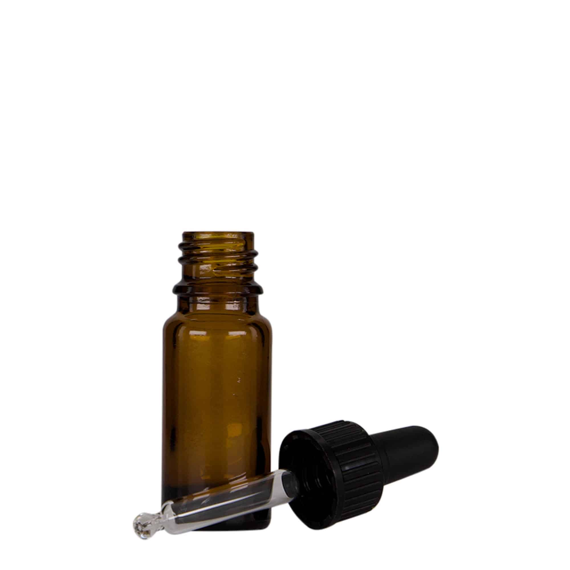 10 ml butelka farmaceutyczna z pipetą, szkło, kolor brązowo-czarny, zamknięcie: DIN 18 10 ml butelka farmaceutyczna z pipetą, szkło, kolor brązowo-czarny, zamknięcie: DIN 18