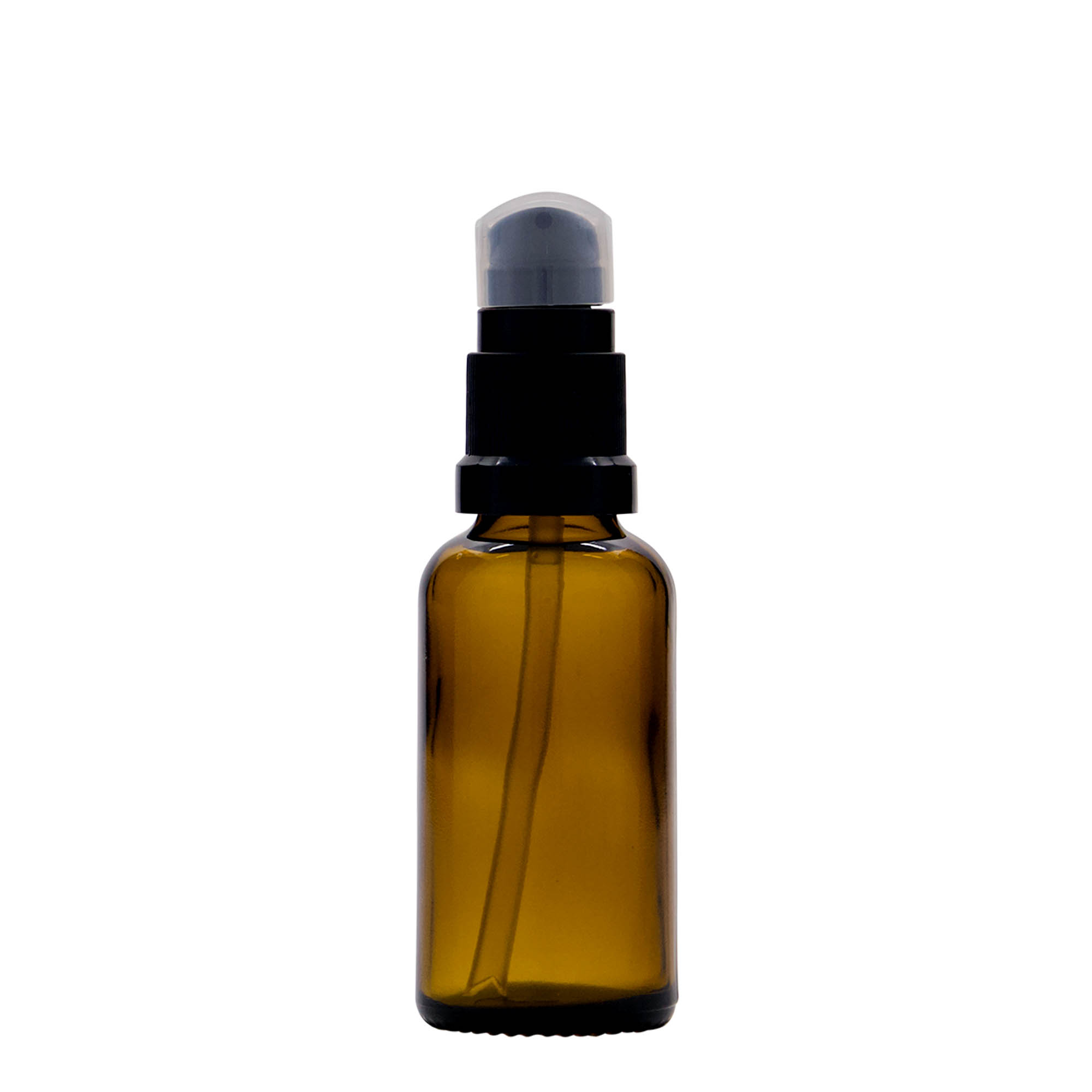 30 ml butelka medyczna z pompką do lotionu, szkło, brązowa, szyjka: DIN 18