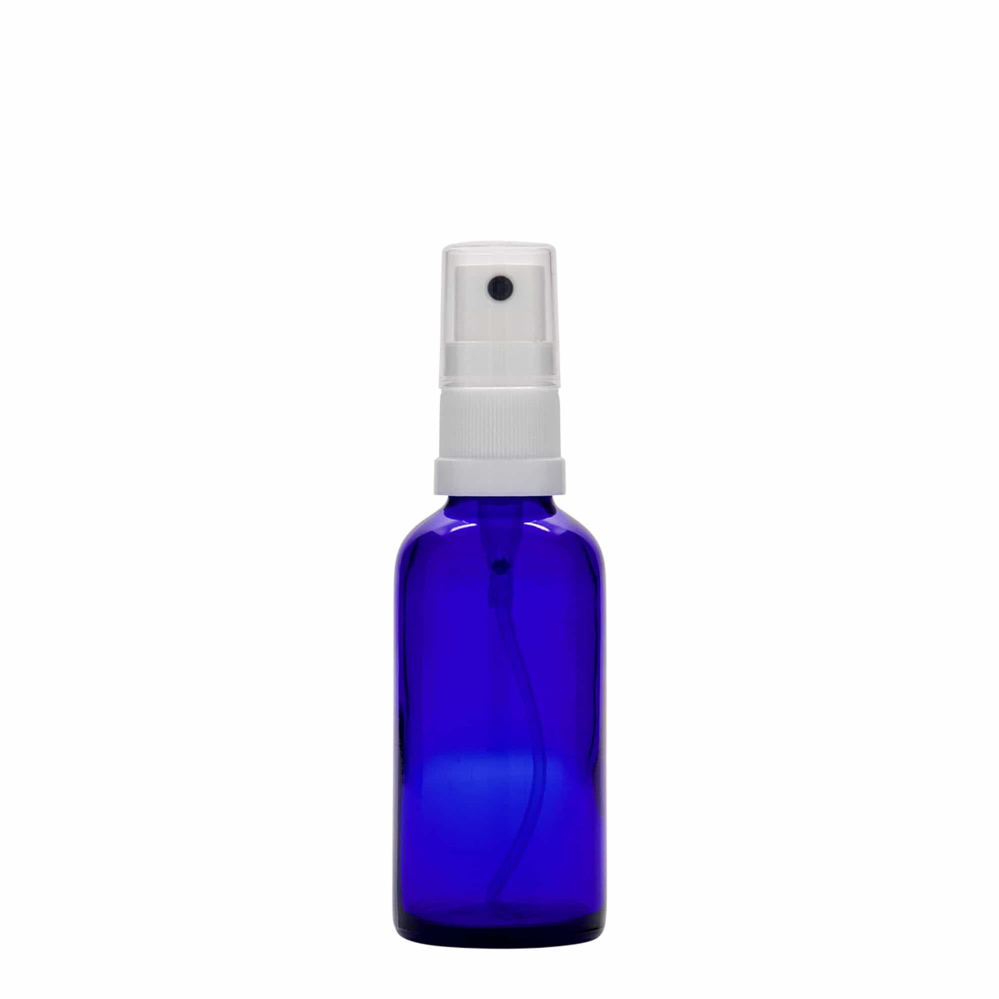 50 ml butelka z rozpylaczem, medyczna, szkło, królewski błękit, gwint: DIN 18