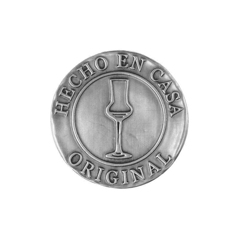 Etykieta cynowa 'Hecho en Casa', okrągła, metal, kolor srebrny