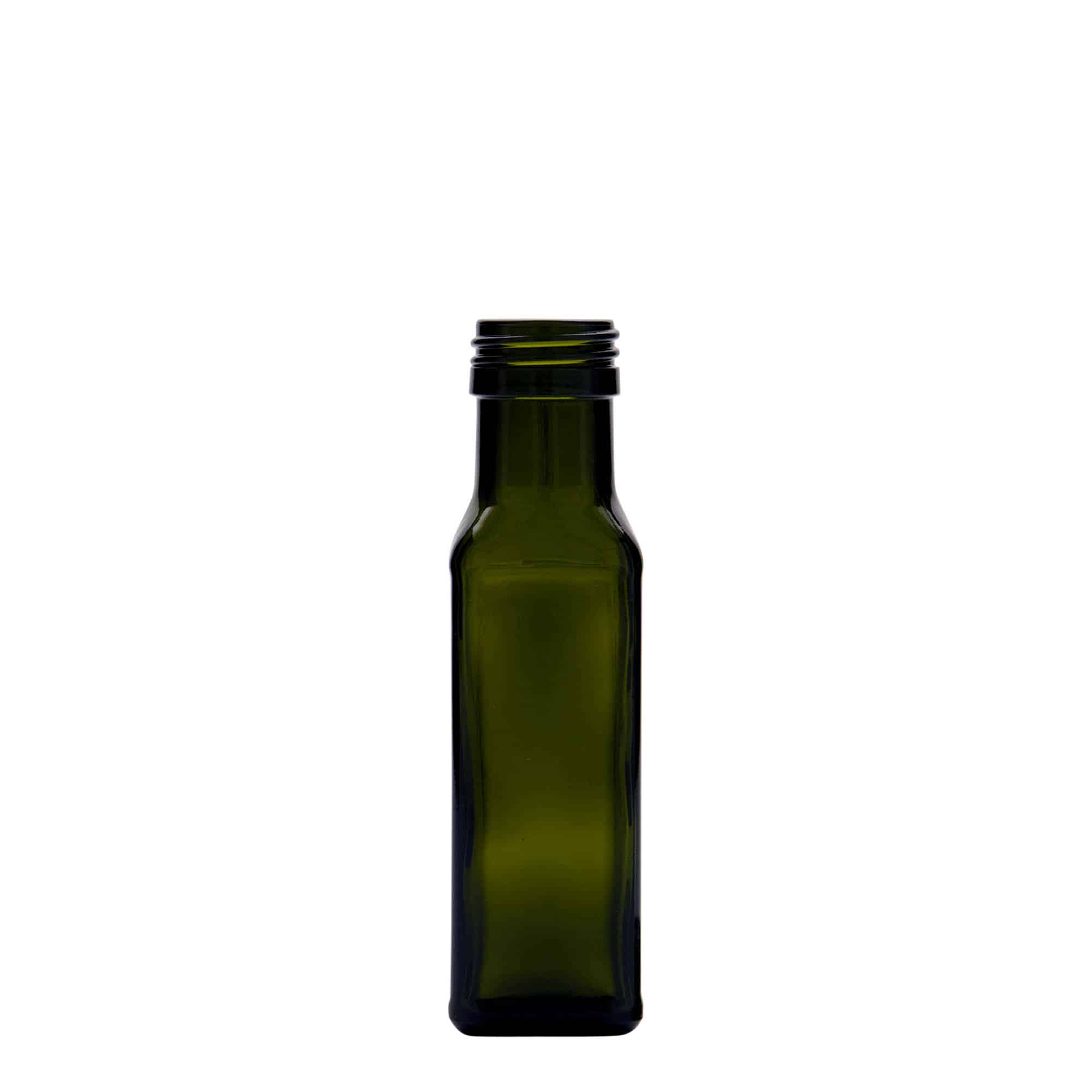 100 ml butelka szklana 'Marasca', kwadratowa, kolor zielony antyczny, zamknięcie: PP 31,5 100 ml butelka szklana 'Marasca', kwadratowa, kolor zielony antyczny, zamknięcie: PP 31,5