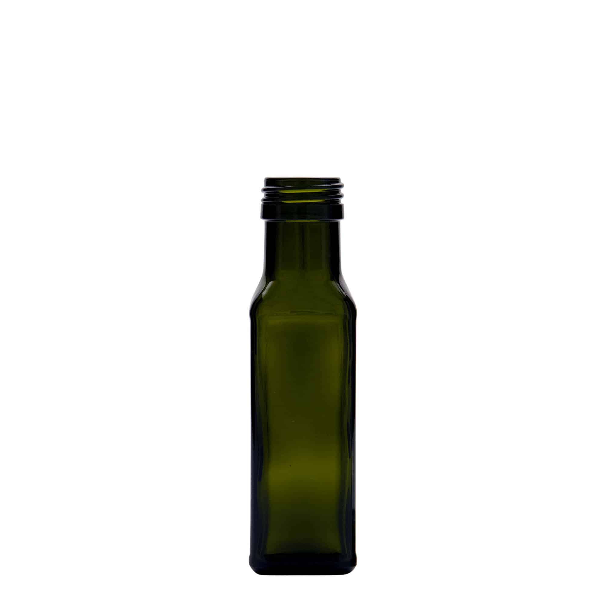 100 ml butelka szklana „Marasca”, kwadratowa, antyczny zielony, gwint: PP 31,5