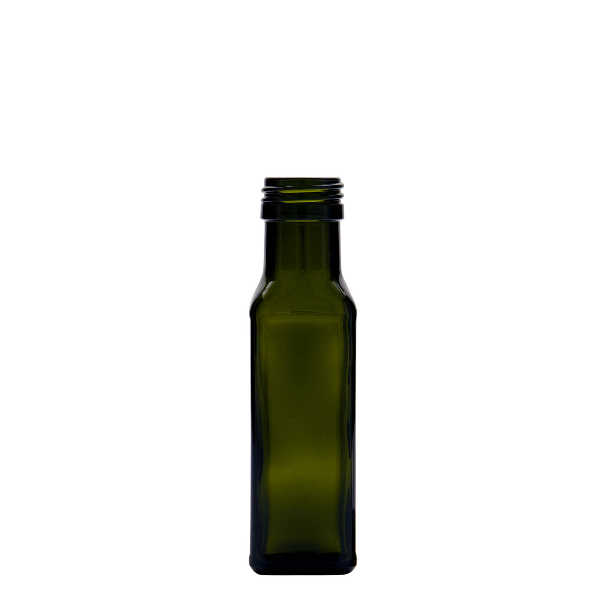 100 ml butelka szklana „Marasca”, kwadratowa, antyczny zielony, gwint: PP 31,5