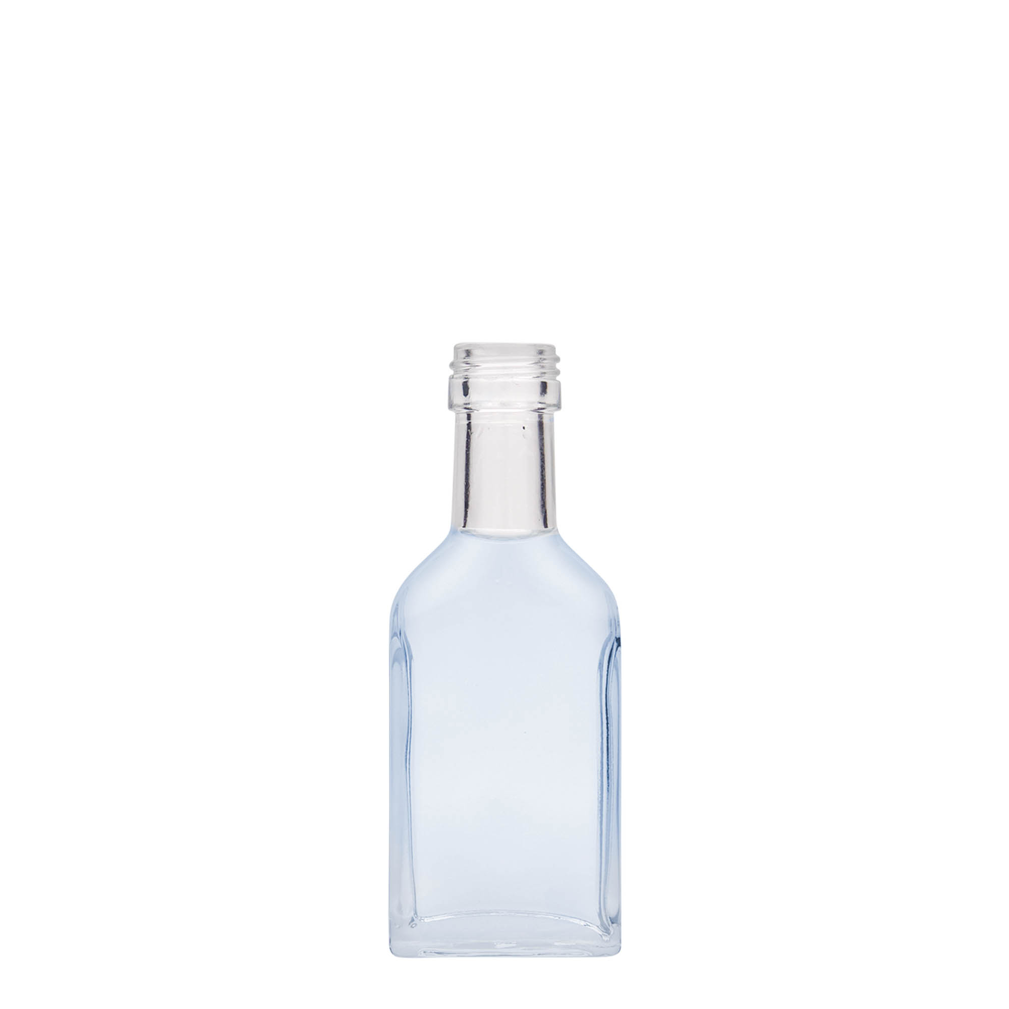 40 ml butelka kieszonkowa z długą szyjką, prostokątna, szkło, wlew: PP 22 40 ml butelka kieszonkowa z długą szyjką, prostokątna, szkło, wlew: PP 22