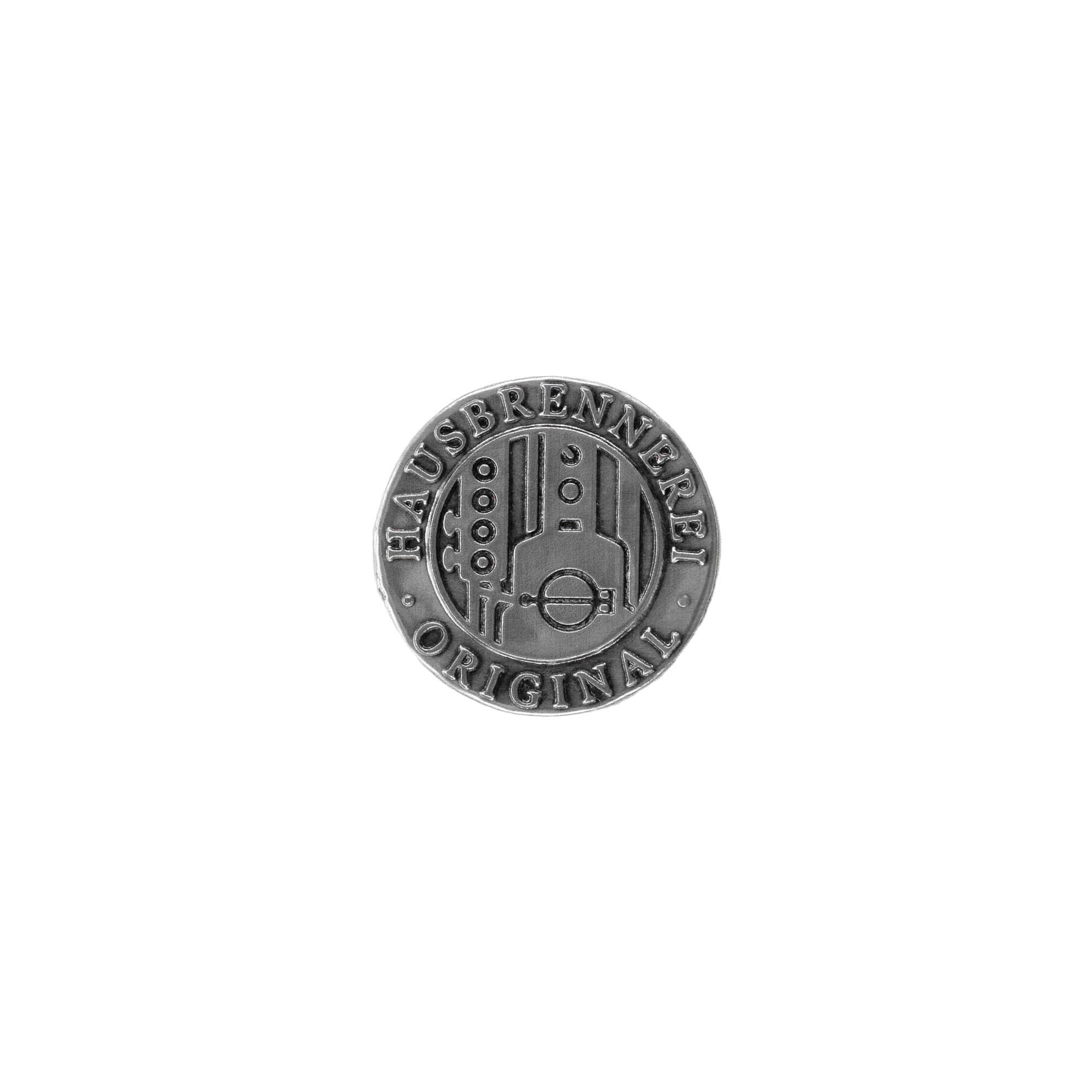 Etykieta cyny „Hausbrennerei”, okrągła, metalowa, srebrna Etykieta cyny „Hausbrennerei”, okrągła, metalowa, srebrna