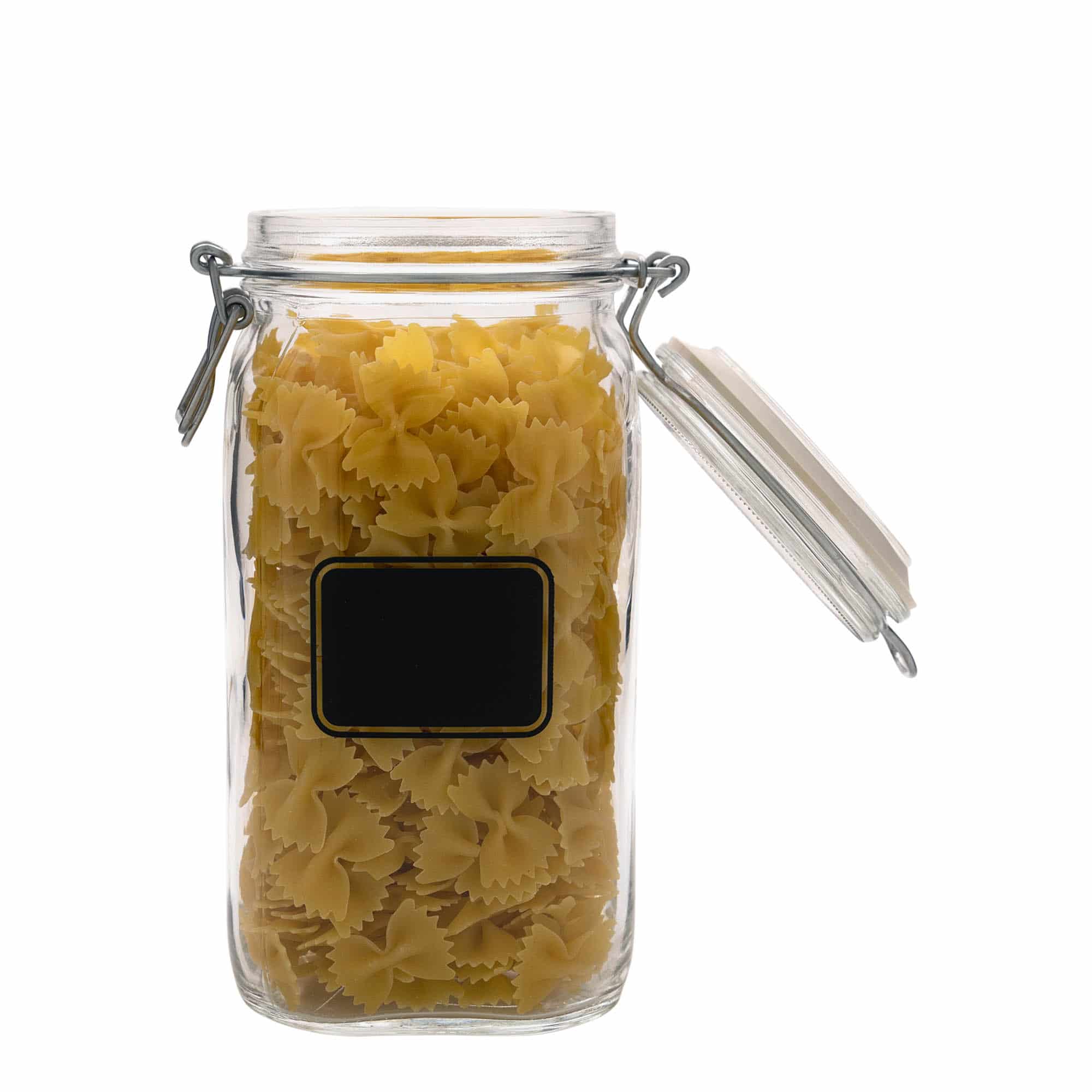 1500 ml słoik z zamknięciem pałąkowym 'Fido', wzór: pole na etykietę, kwadratowy, zamknięcie: Zamknięcie pałąkowe