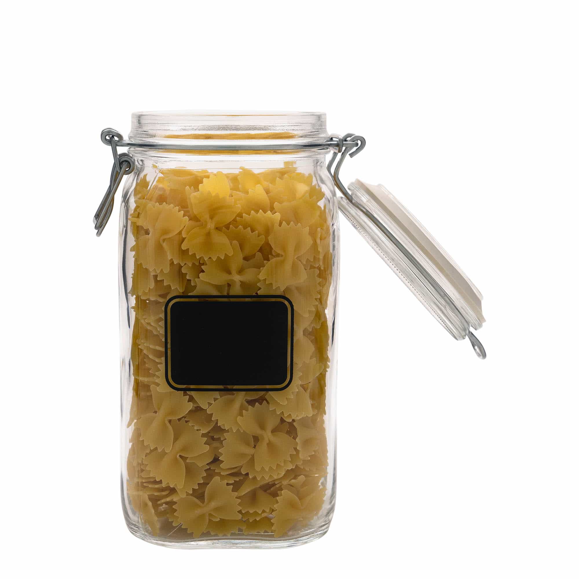 1.500 ml słoik z drucianym zamknięciem „Fido”, wzór: pole na etykietę, kwadratowy, wylew: zamknięcie druciane