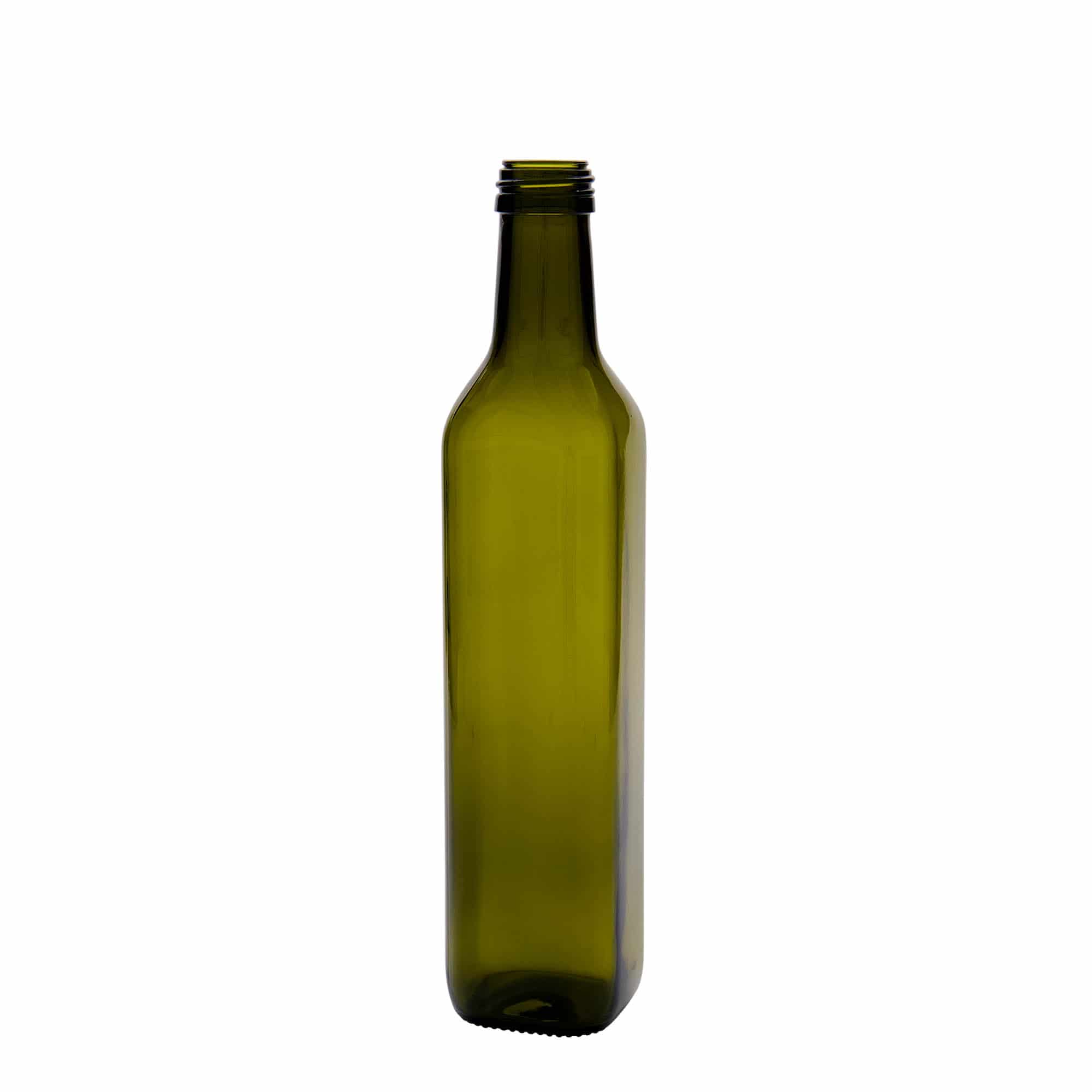 500 ml butelka szklana 'Marasca', kwadratowa, antyczny zielony, gwint: PP 31,5