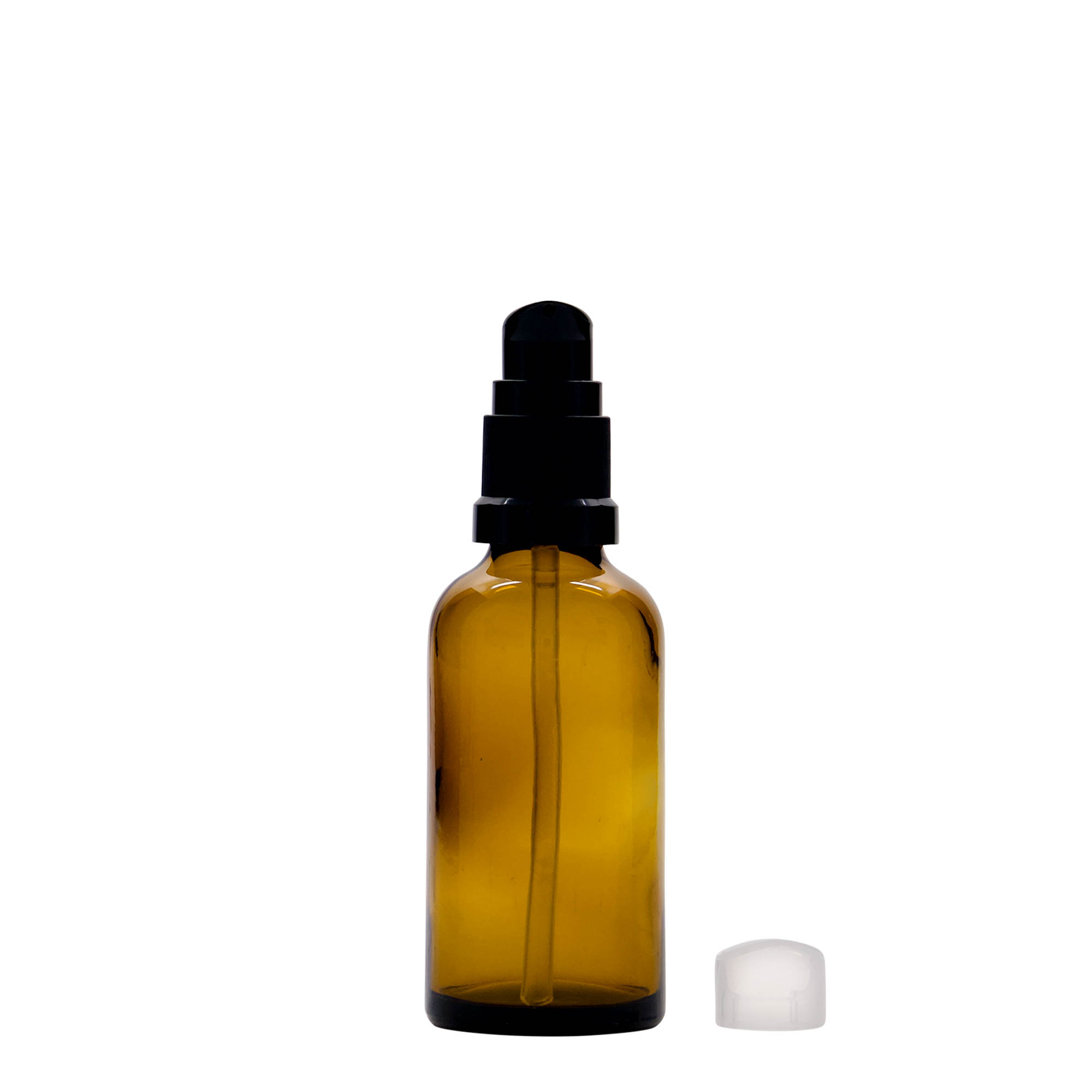 50 ml butelka medyczna z pompką do lotionu, szkło, brązowa, szyjka: DIN 18