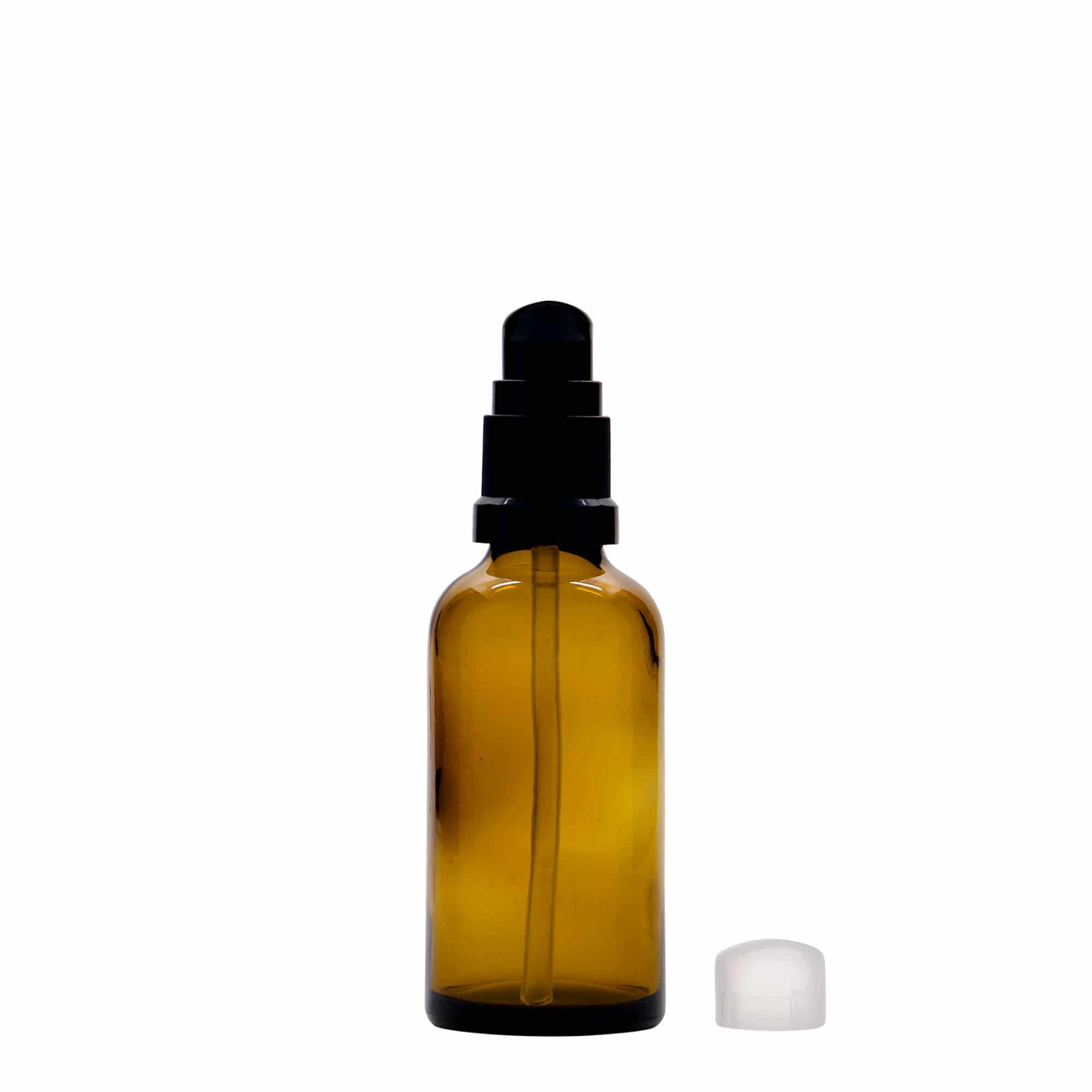 50 ml butelka medyczna z pompką do lotionu, szkło, brązowa, szyjka: DIN 18 50 ml butelka medyczna z pompką do lotionu, szkło, brązowa, szyjka: DIN 18