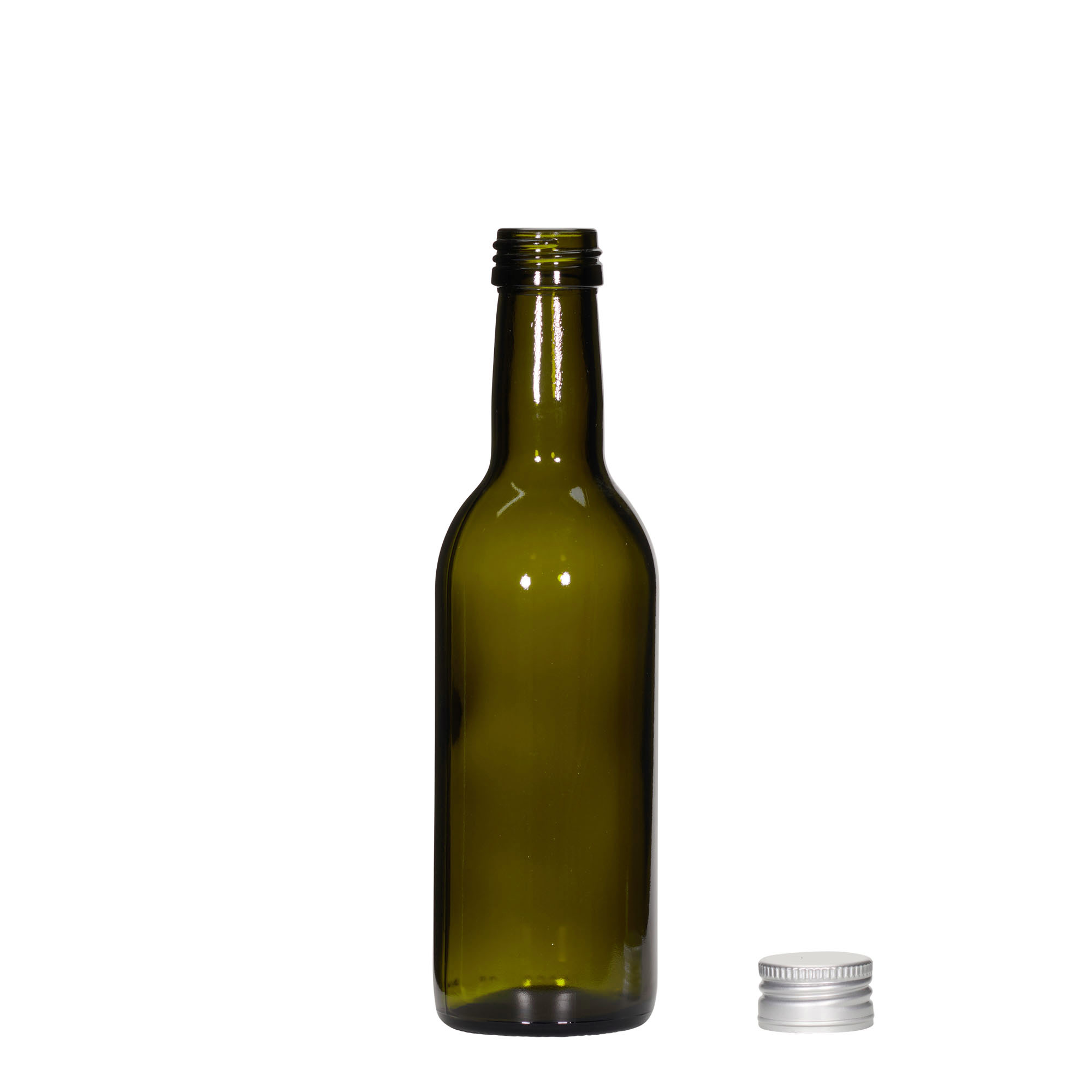 250 ml butelka szklana 'Bordeaux', antyczna zieleń, gwint: PP 28