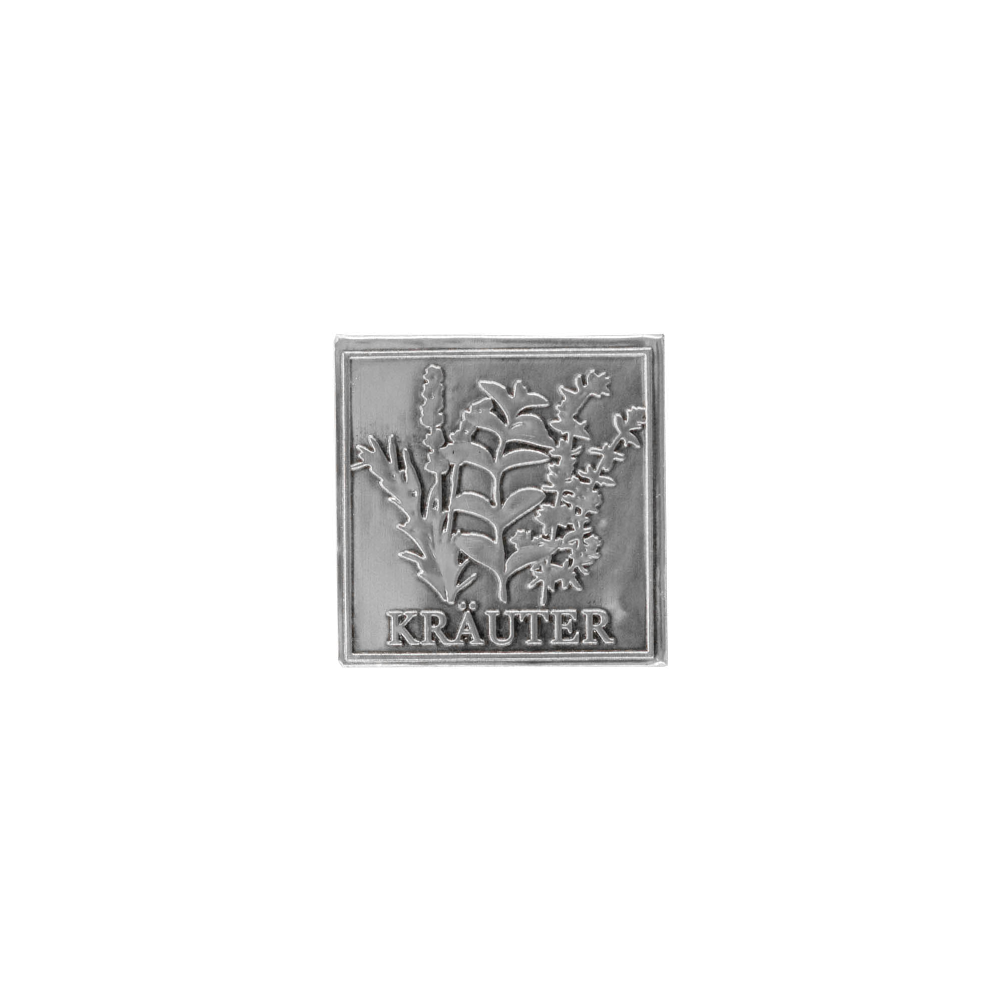 Etykieta cynowa „Zioła”, kwadratowa, metalowa, srebrna Etykieta cynowa „Zioła”, kwadratowa, metalowa, srebrna