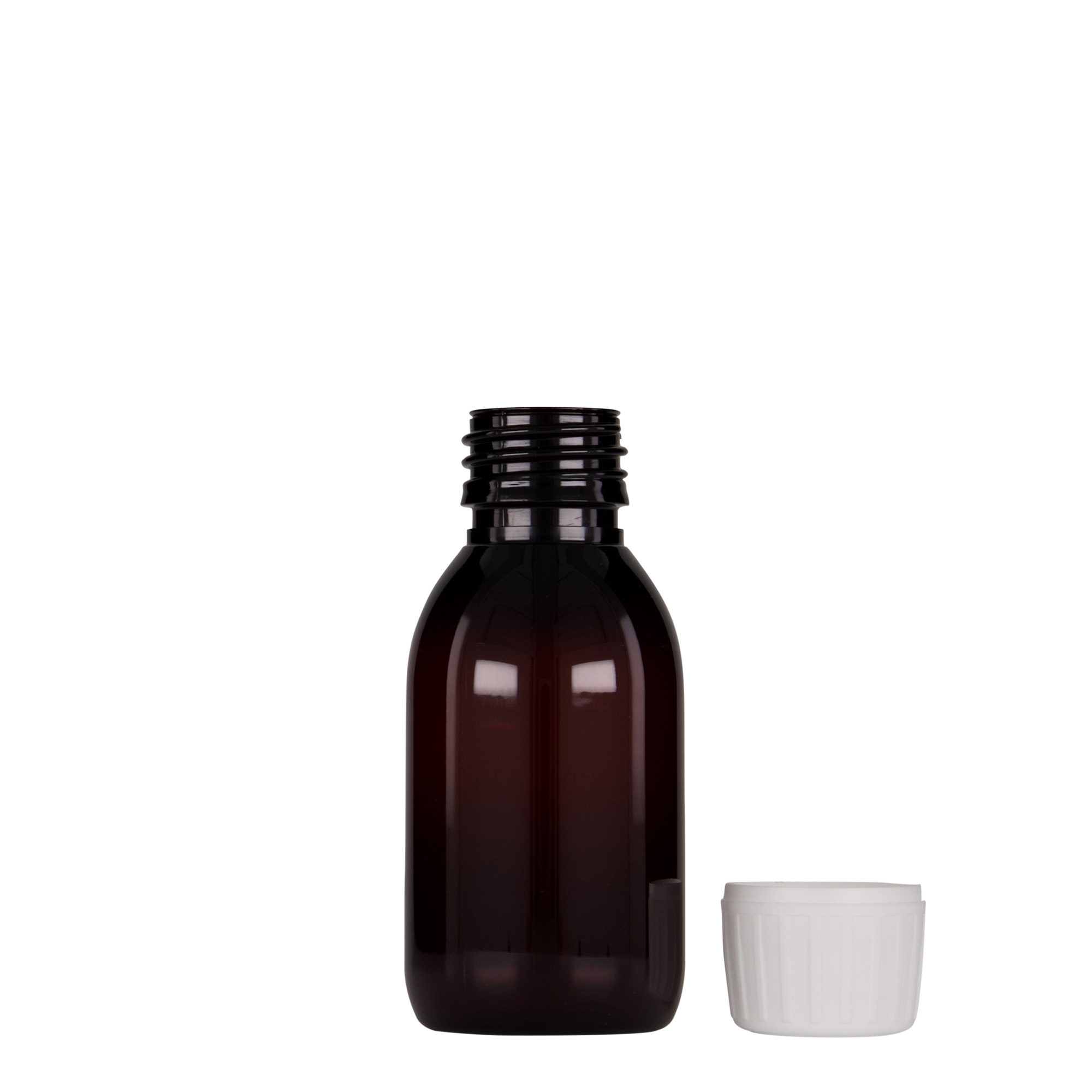100 ml butelka medyczna PET, brązowa, plastik, gwint: PP 28