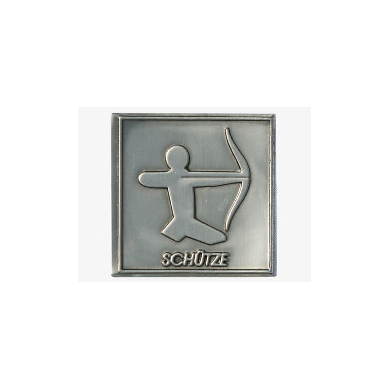 Etykieta cynowa 'Strzelec', kwadratowa, metal, kolor srebrny