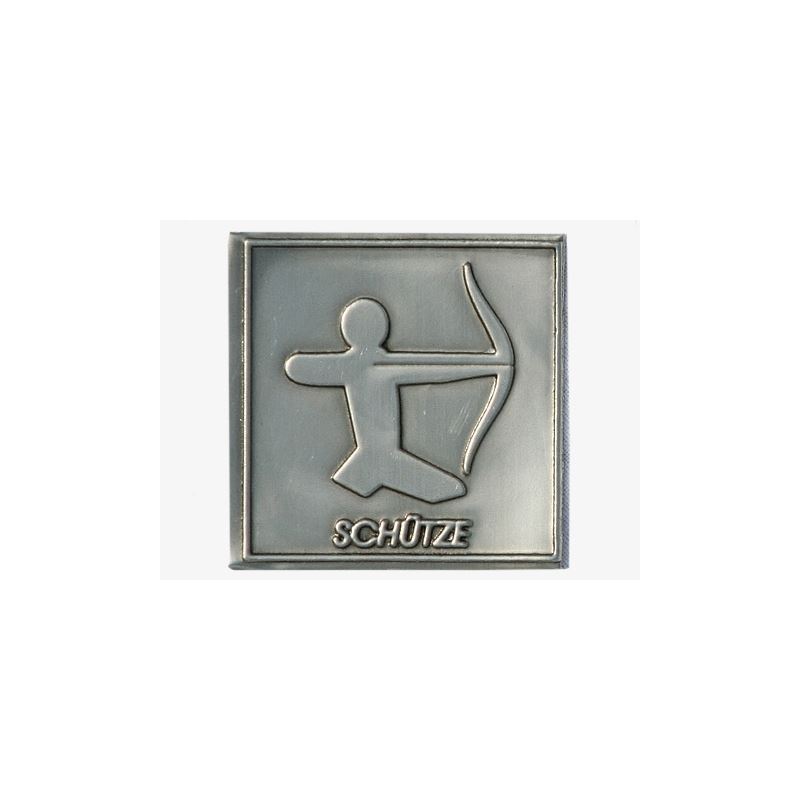 Etykieta cynowa „Strzelec”, kwadratowa, metalowa, srebrna