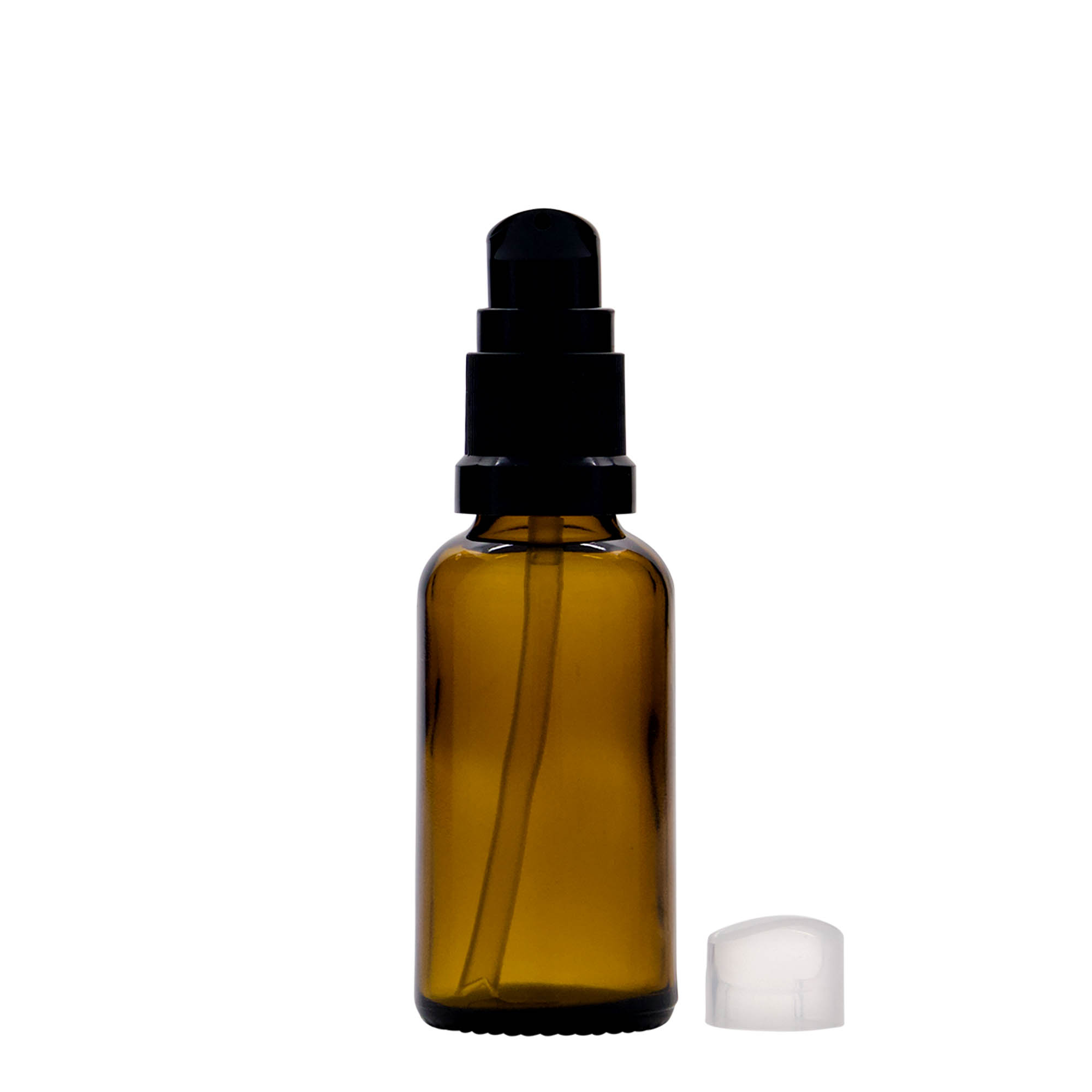 30 ml butelka medyczna z pompką do lotionu, szkło, brązowa, szyjka: DIN 18