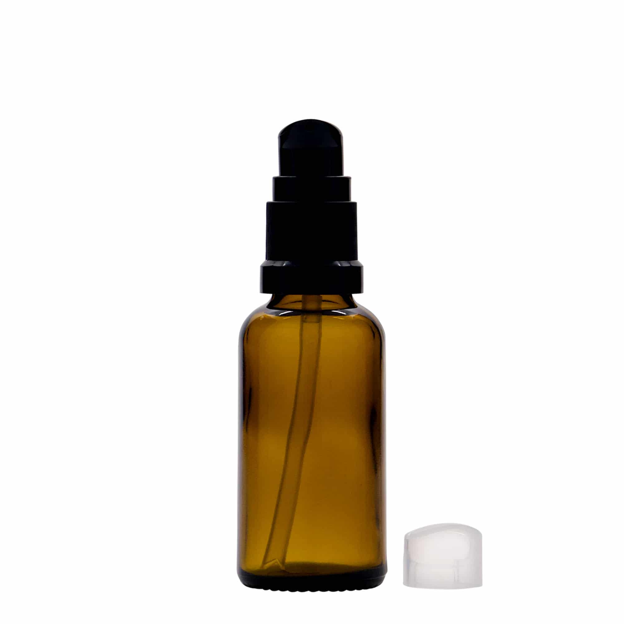 30 ml butelka medyczna z pompką do lotionu, szkło, brązowa, szyjka: DIN 18