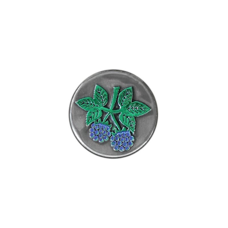 Etykieta cynowa „Jeżyna”, okrągła, metalowa, srebrna