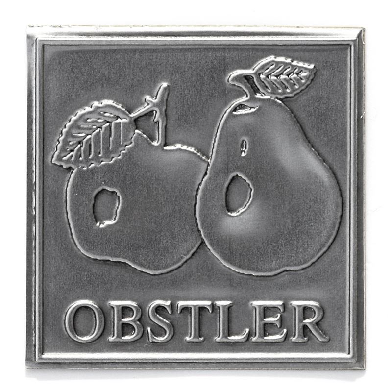 Etykieta cynowa 'Obstler', kwadratowa, metal, kolor srebrny