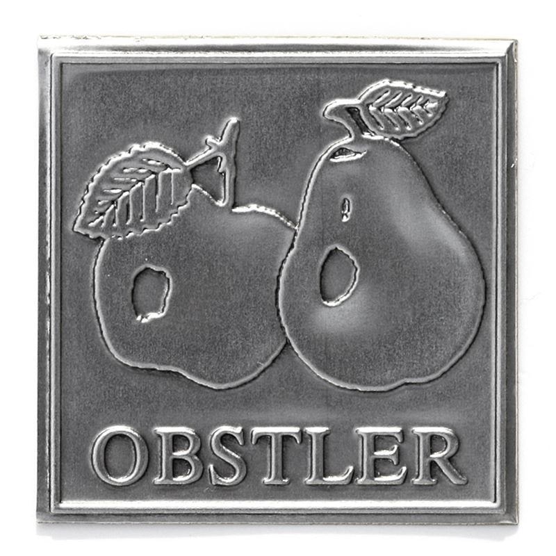 Etykieta cynowa „Obstler”, kwadratowa, metalowa, srebrna
