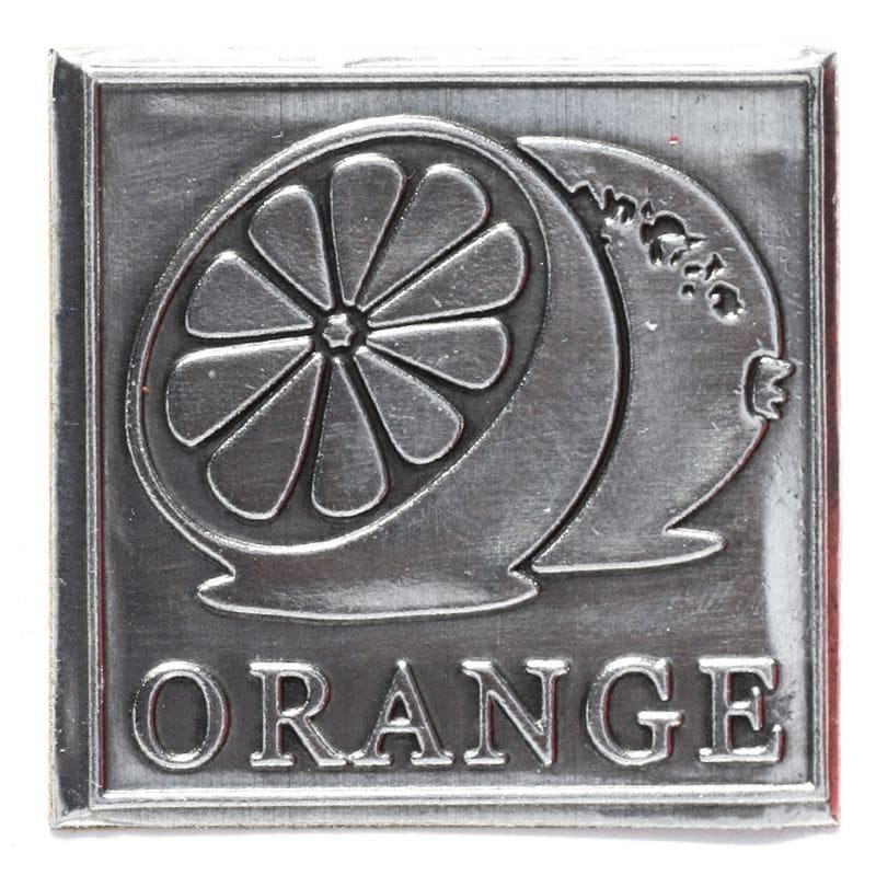 Etykieta cynowa 'Pomarańcza', kwadratowa, metal, kolor srebrny