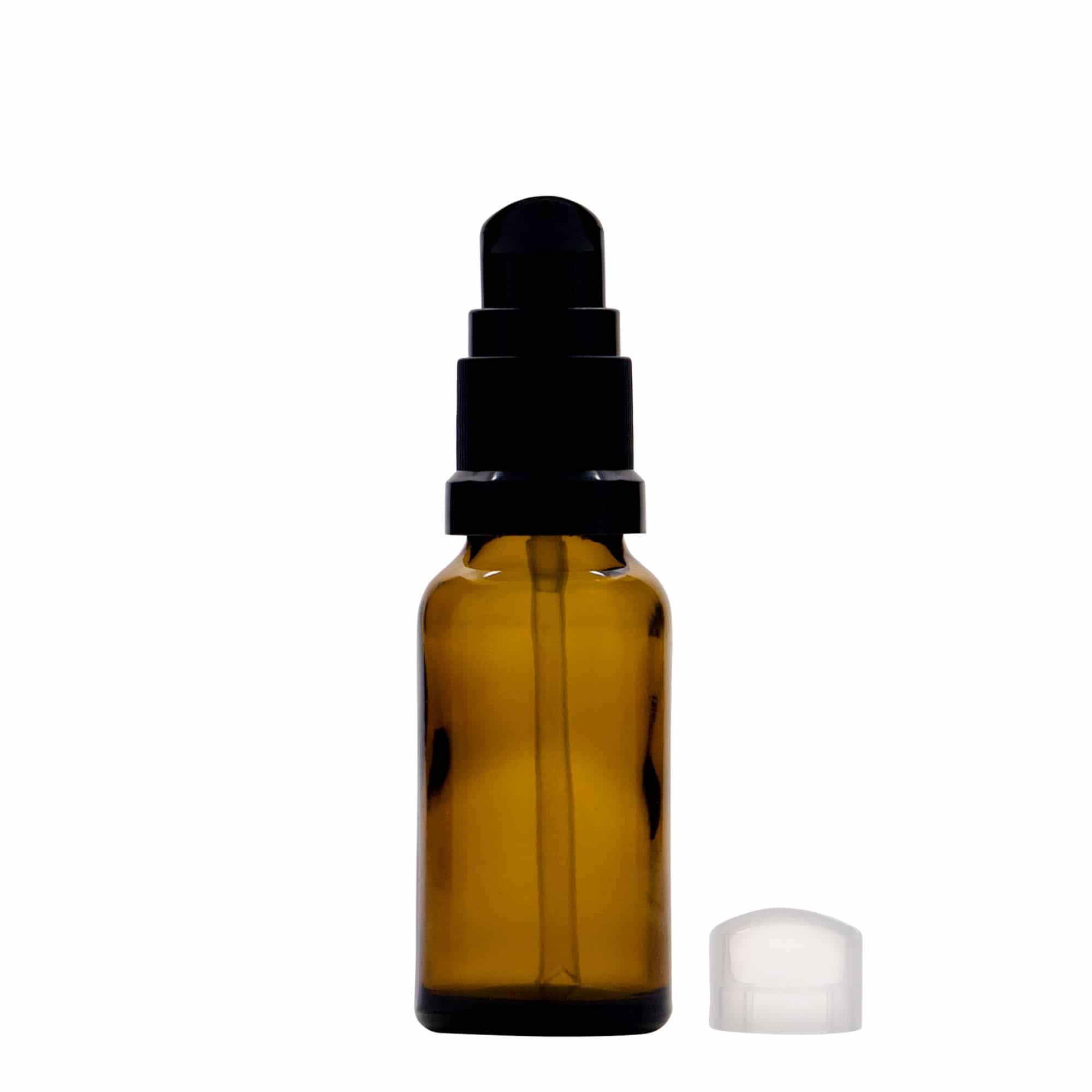 20 ml butelka medyczna z pompką do lotionu, szkło, brązowa, szyjka: DIN 18
