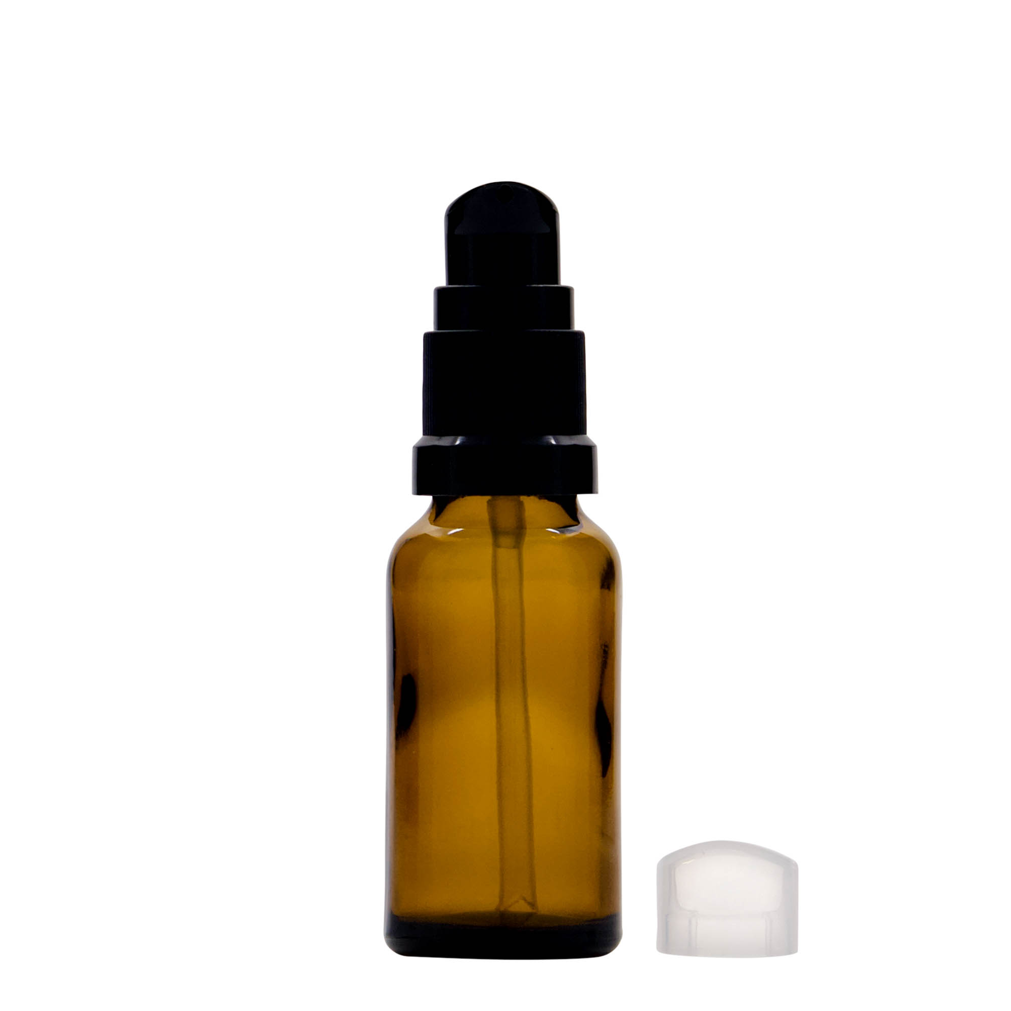 20 ml butelka medyczna z pompką do lotionu, szkło, brązowa, szyjka: DIN 18