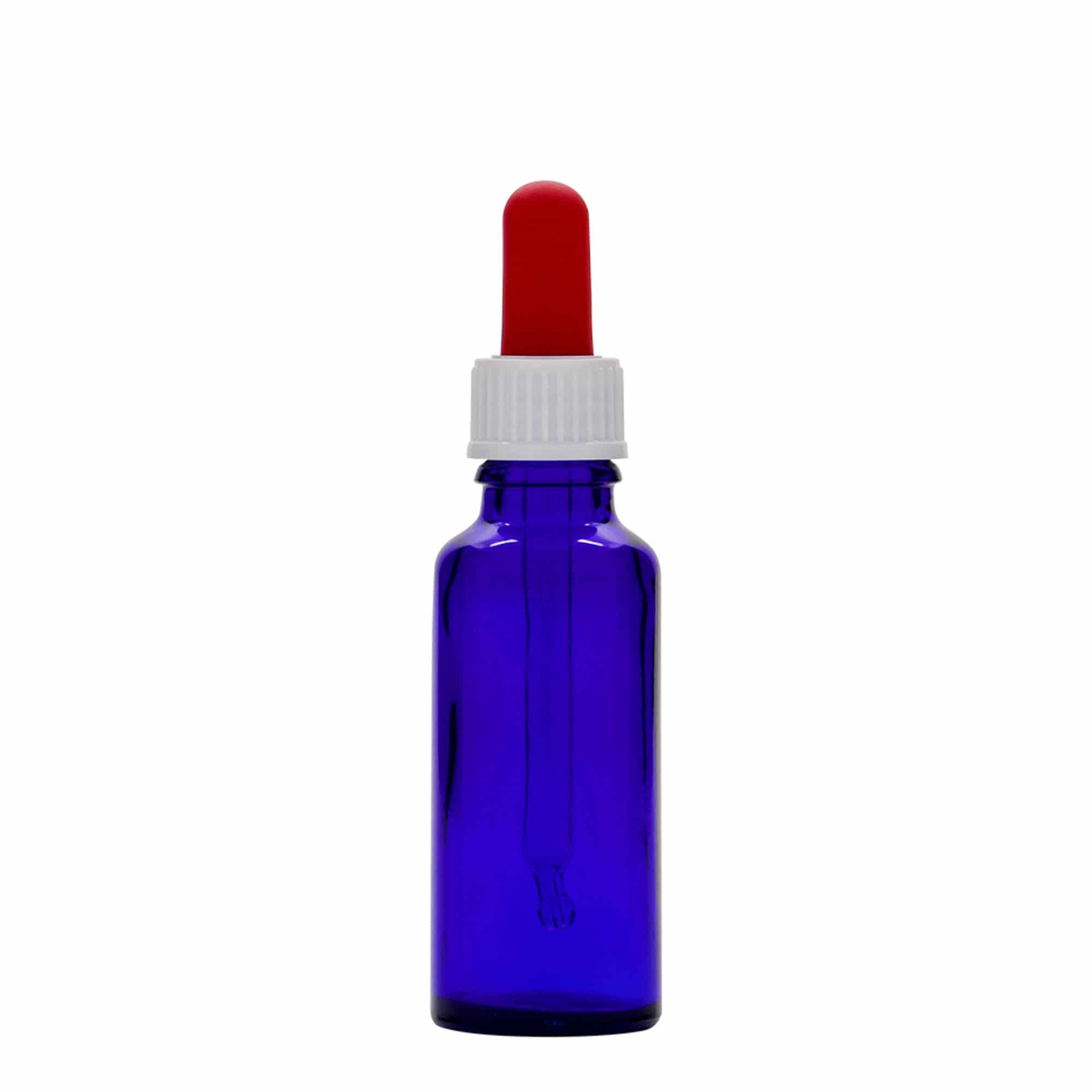 30 ml butelka farmaceutyczna z pipetą, szkło, kolor błękit królewski i czerwony, zamknięcie: DIN 18 30 ml butelka farmaceutyczna z pipetą, szkło, kolor błękit królewski i czerwony, zamknięcie: DIN 18
