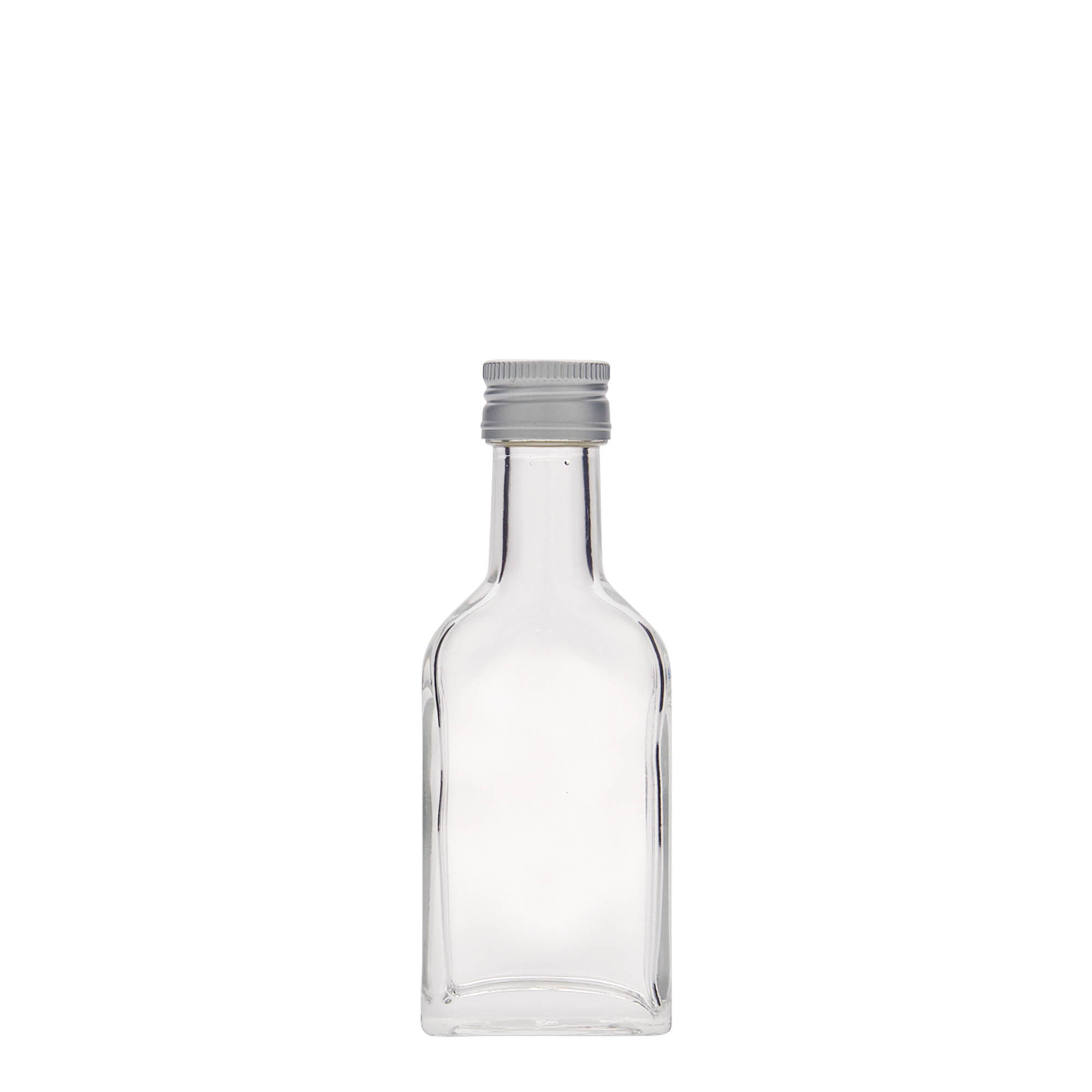 40 ml butelka kieszonkowa z długą szyjką, prostokątna, szkło, wlew: PP 22 40 ml butelka kieszonkowa z długą szyjką, prostokątna, szkło, wlew: PP 22