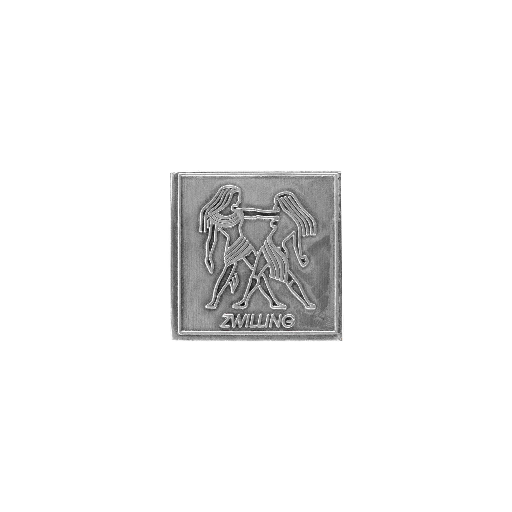 Etykieta cynowa „Zwilling”, kwadratowa, metalowa, srebrna