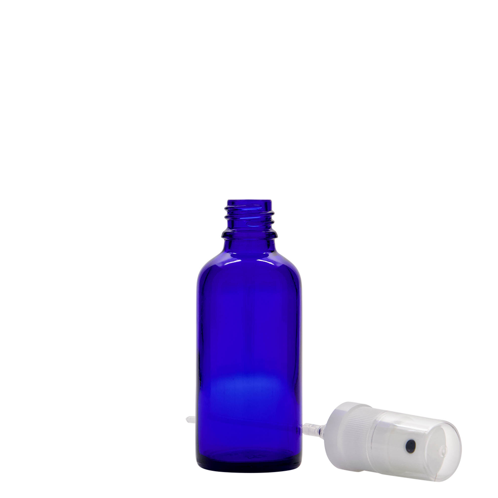 50 ml butelka z rozpylaczem, medyczna, szkło, królewski błękit, gwint: DIN 18