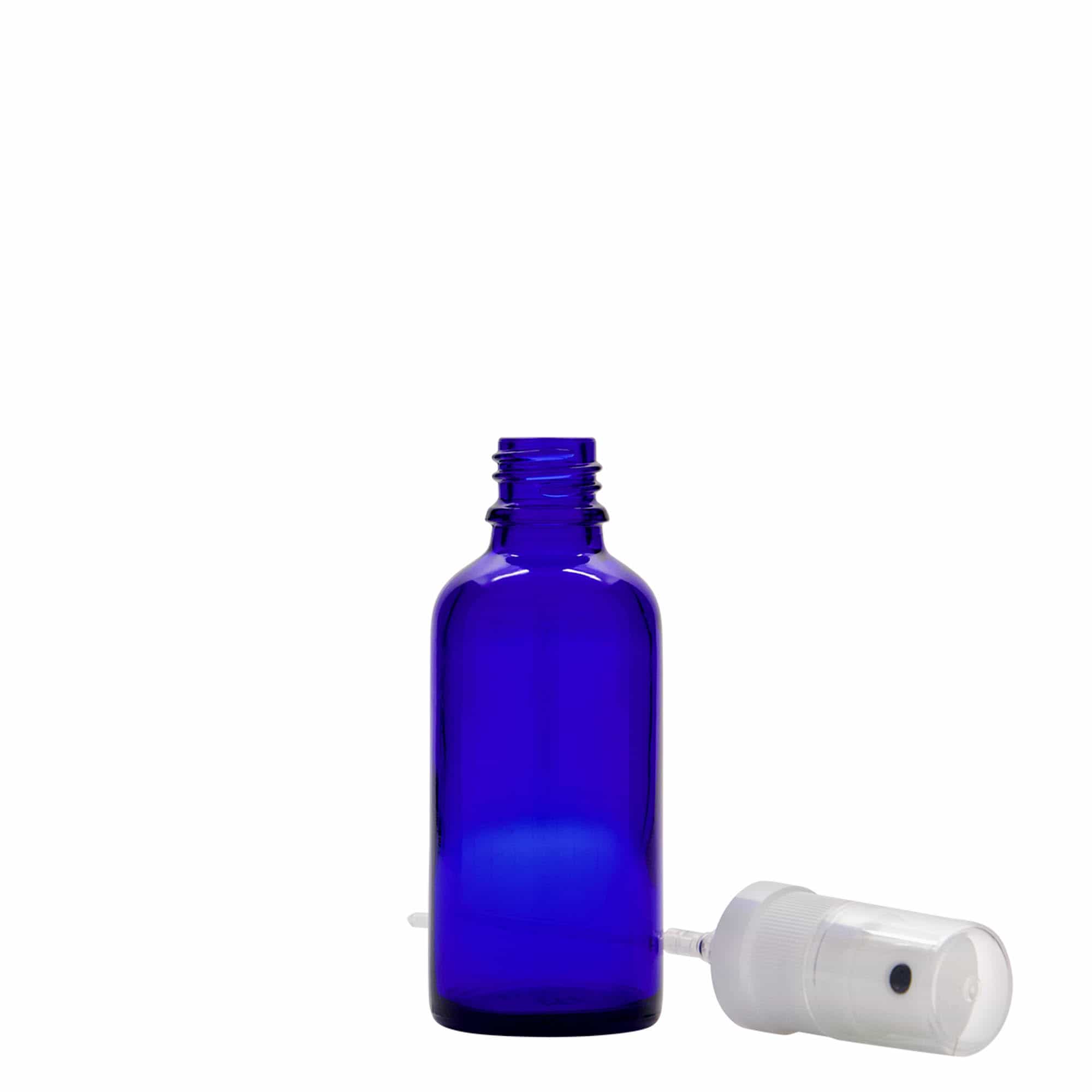 50 ml butelka z rozpylaczem, medyczna, szkło, królewski błękit, gwint: DIN 18