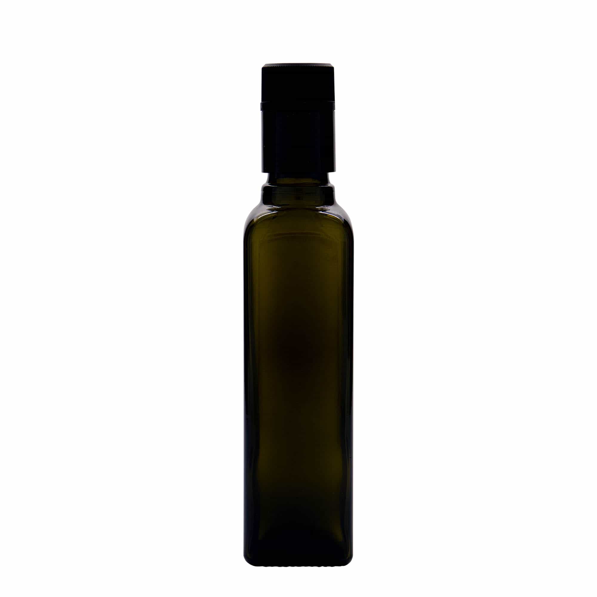 250 ml butelka na ocet/olej 'Quadra', szkło, kwadratowa, kolor zielony antyczny, zamknięcie: DOP