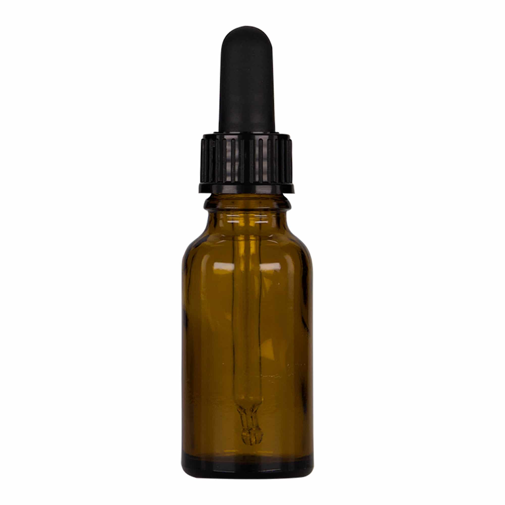 20 ml butelka farmaceutyczna z pipetą, szkło, kolor brązowo-czarny, zamknięcie: DIN 18 20 ml butelka farmaceutyczna z pipetą, szkło, kolor brązowo-czarny, zamknięcie: DIN 18