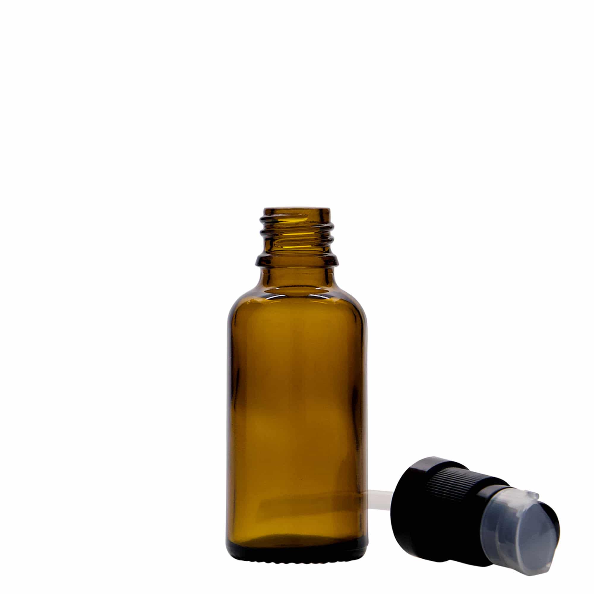 30 ml butelka medyczna z pompką do lotionu, szkło, brązowa, szyjka: DIN 18
