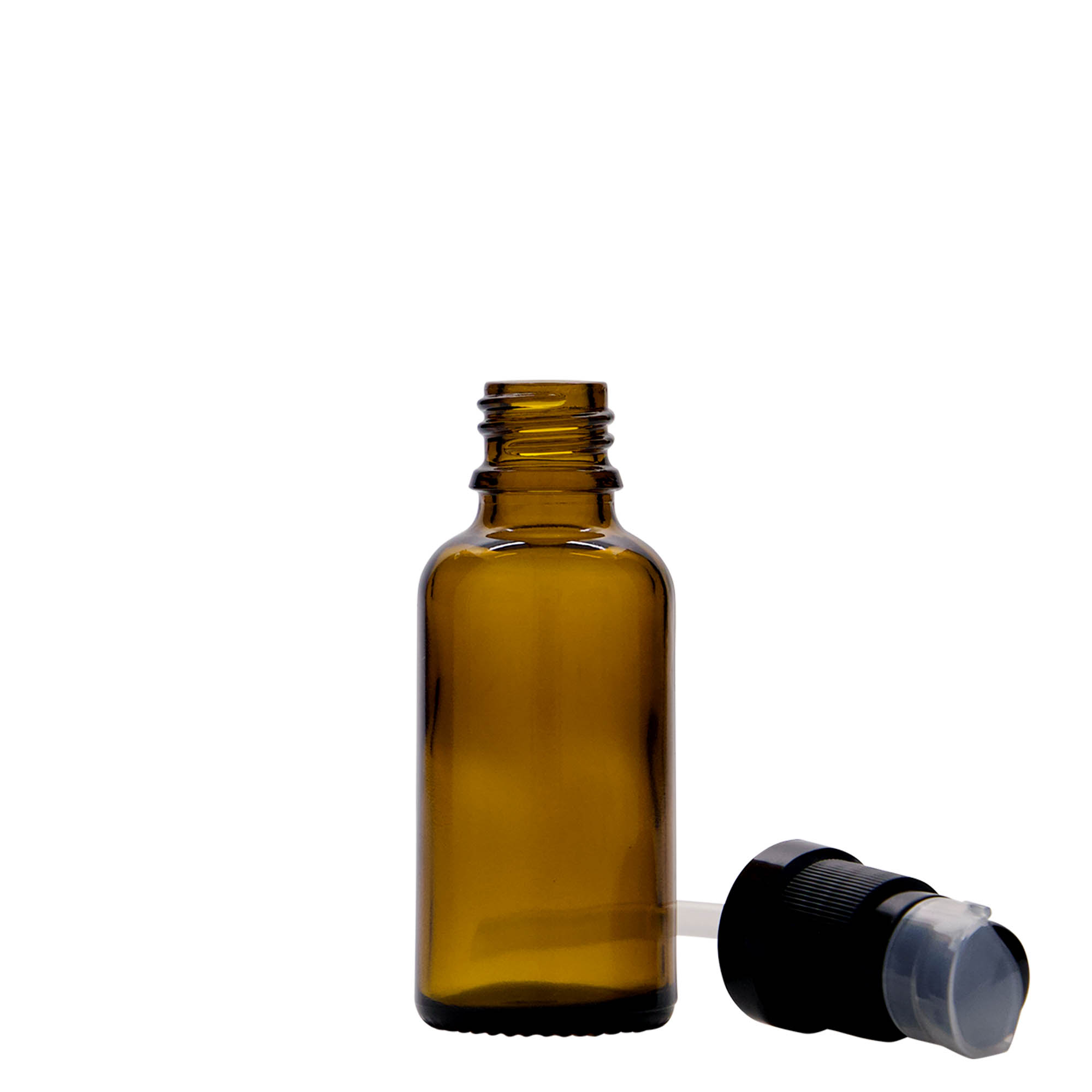 30 ml butelka medyczna z pompką do lotionu, szkło, brązowa, szyjka: DIN 18