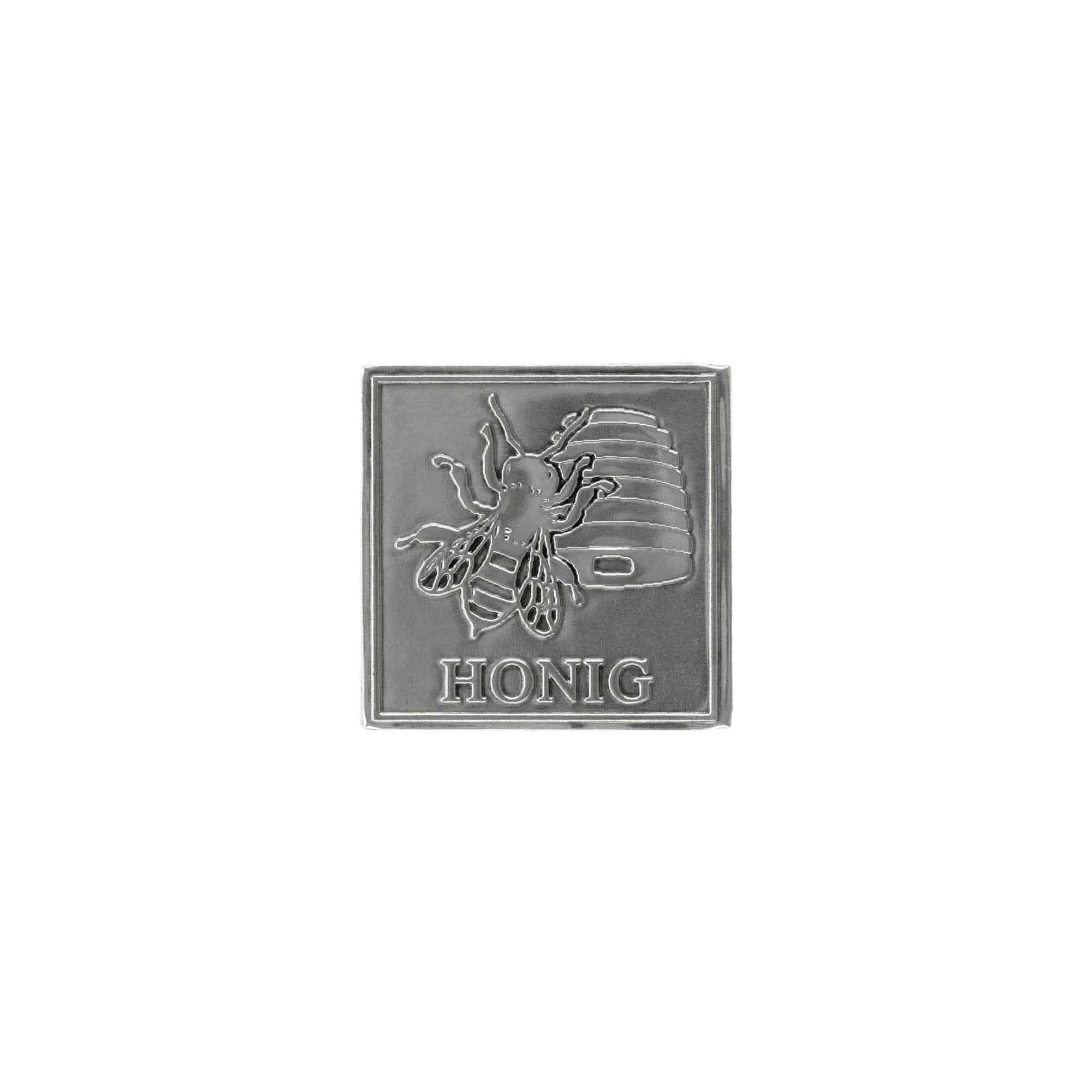 Etykieta cynowa 'Miód', kwadratowa, metal, kolor srebrny