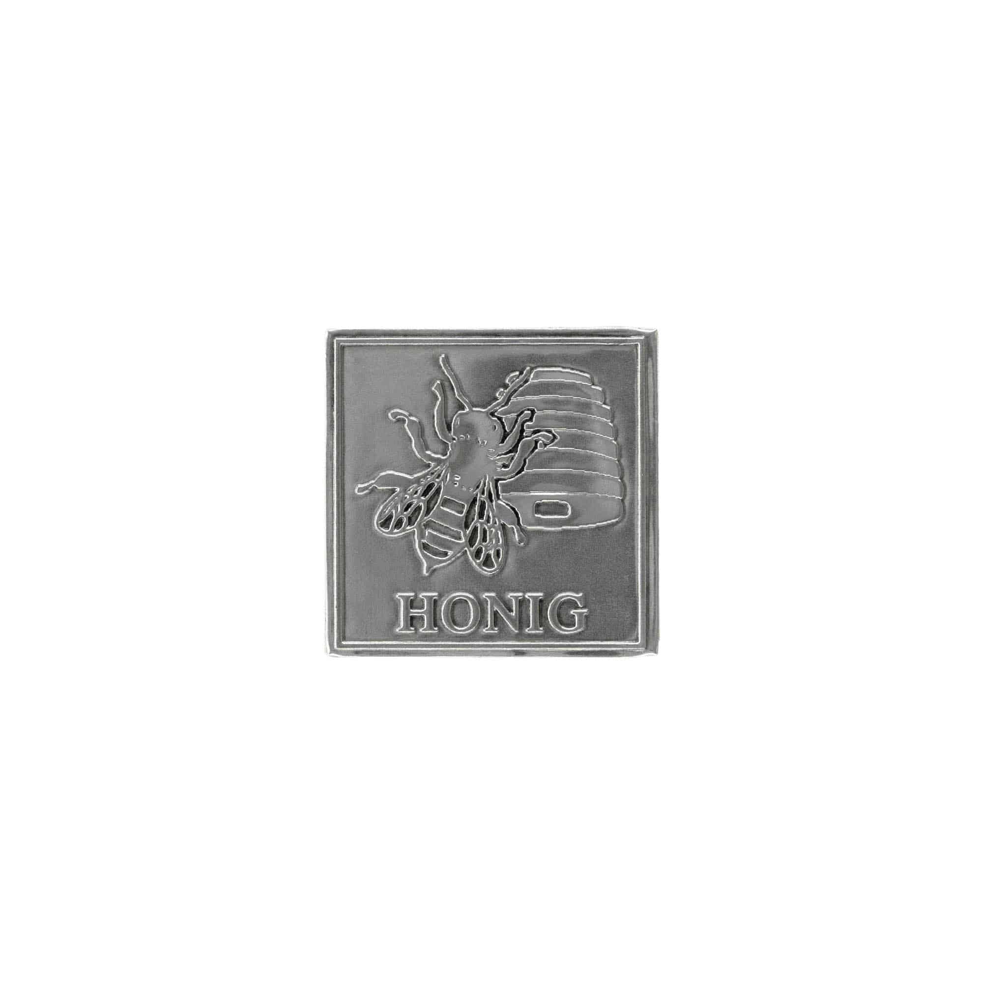 Etykieta cynowa 'Miód', kwadratowa, metal, kolor srebrny Etykieta cynowa 'Miód', kwadratowa, metal, kolor srebrny